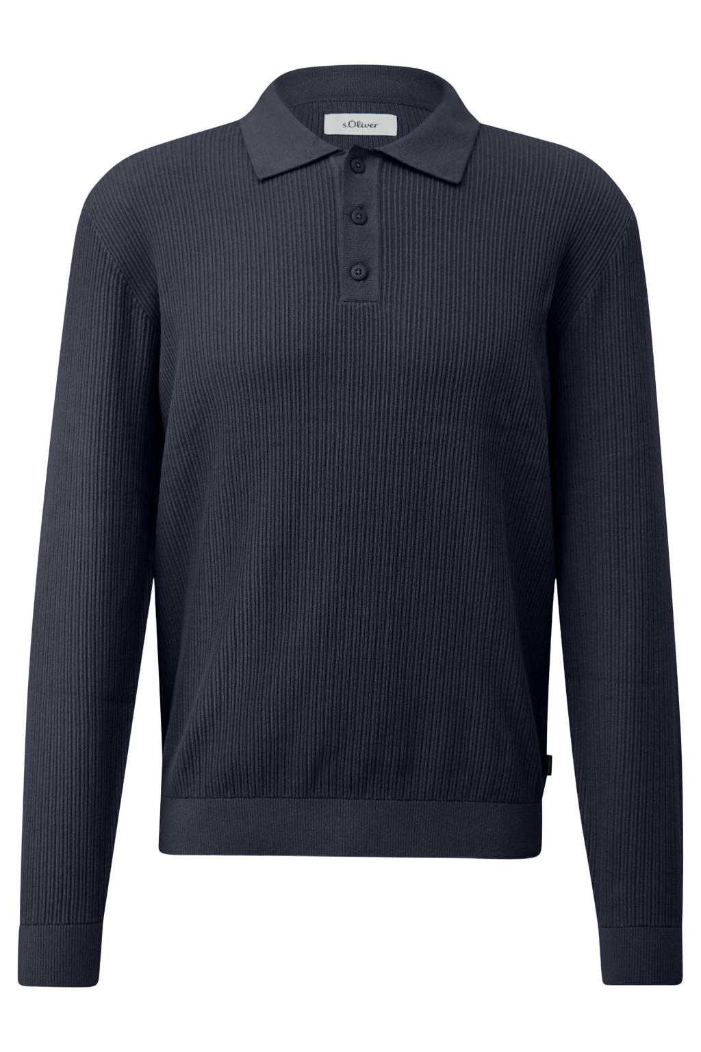 Donkerblauwe heren s.Oliver katoenen regular fit gebreide trui zwart met lange mouwen en polo kraag