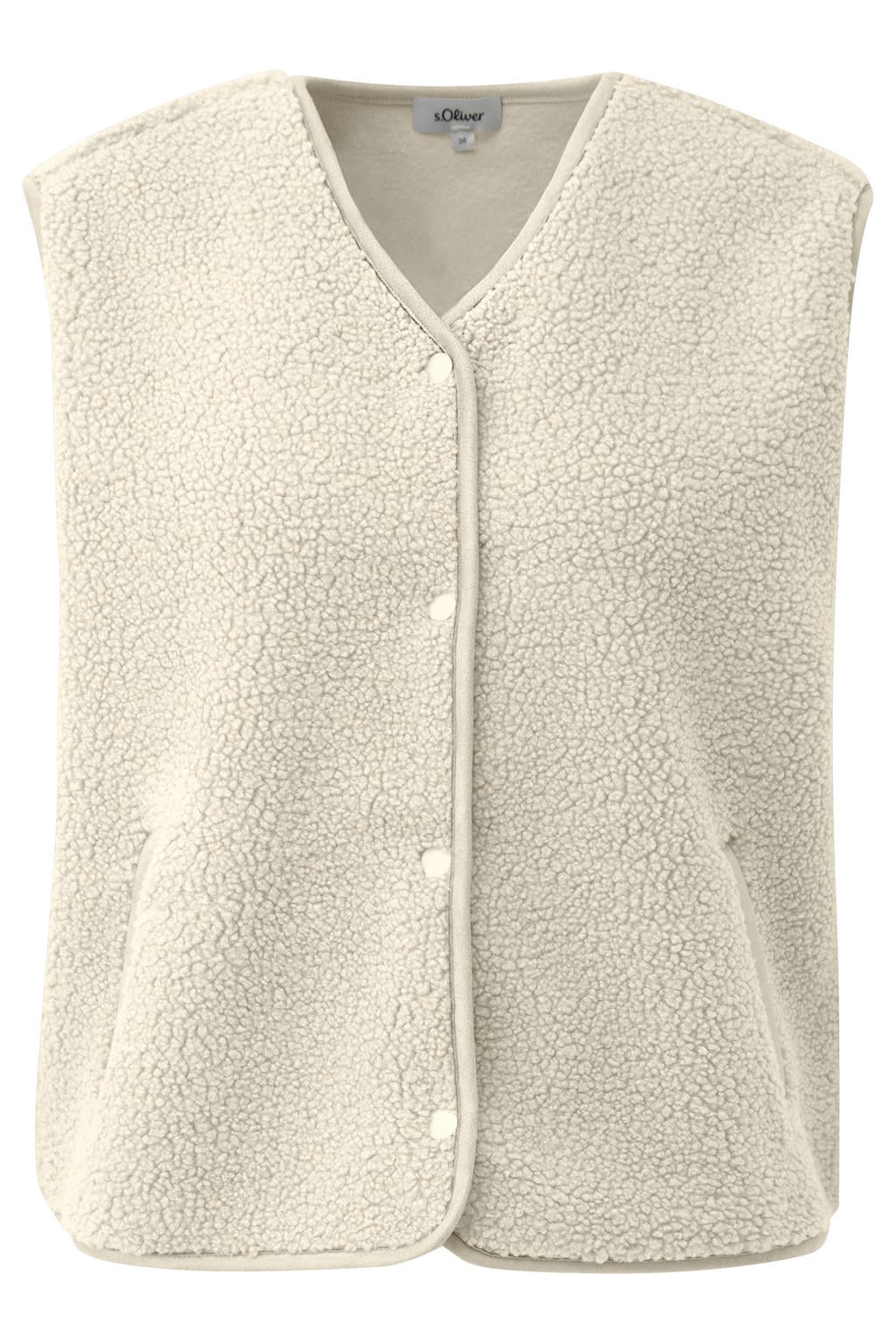 Ecru dames s.Oliver teddy gilet met effen, V-hals en drukknoopsluiting