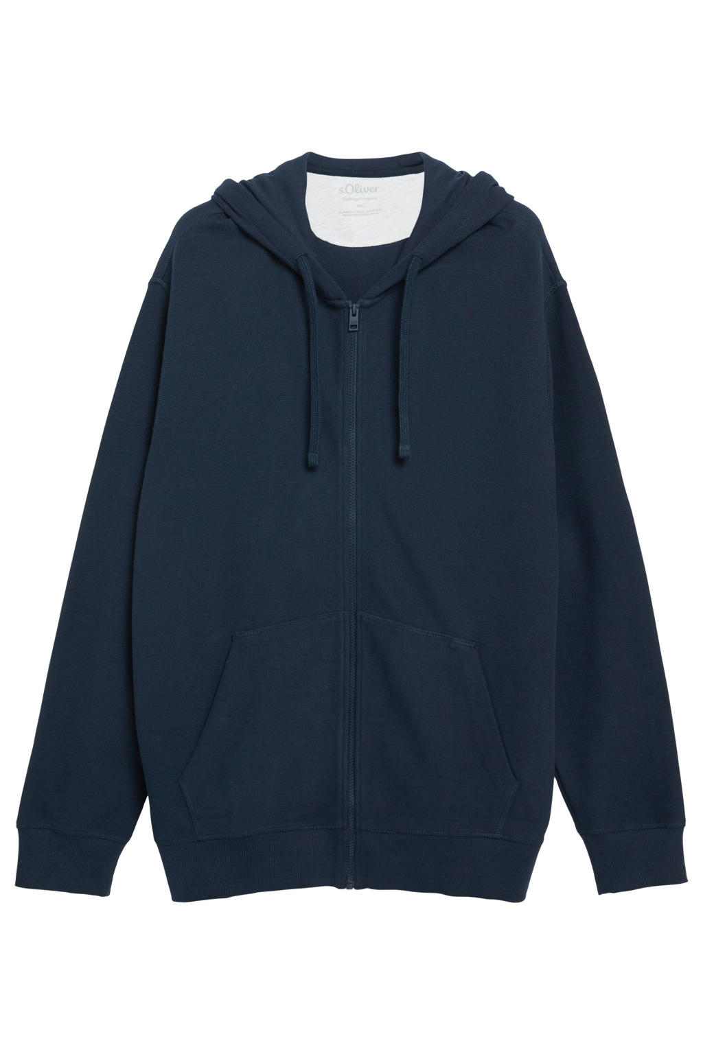 Donkerblauwe heren s.Oliver Big Size sweatvest zwart met grafische print, lange mouwen, capuchon en geribde boorden
