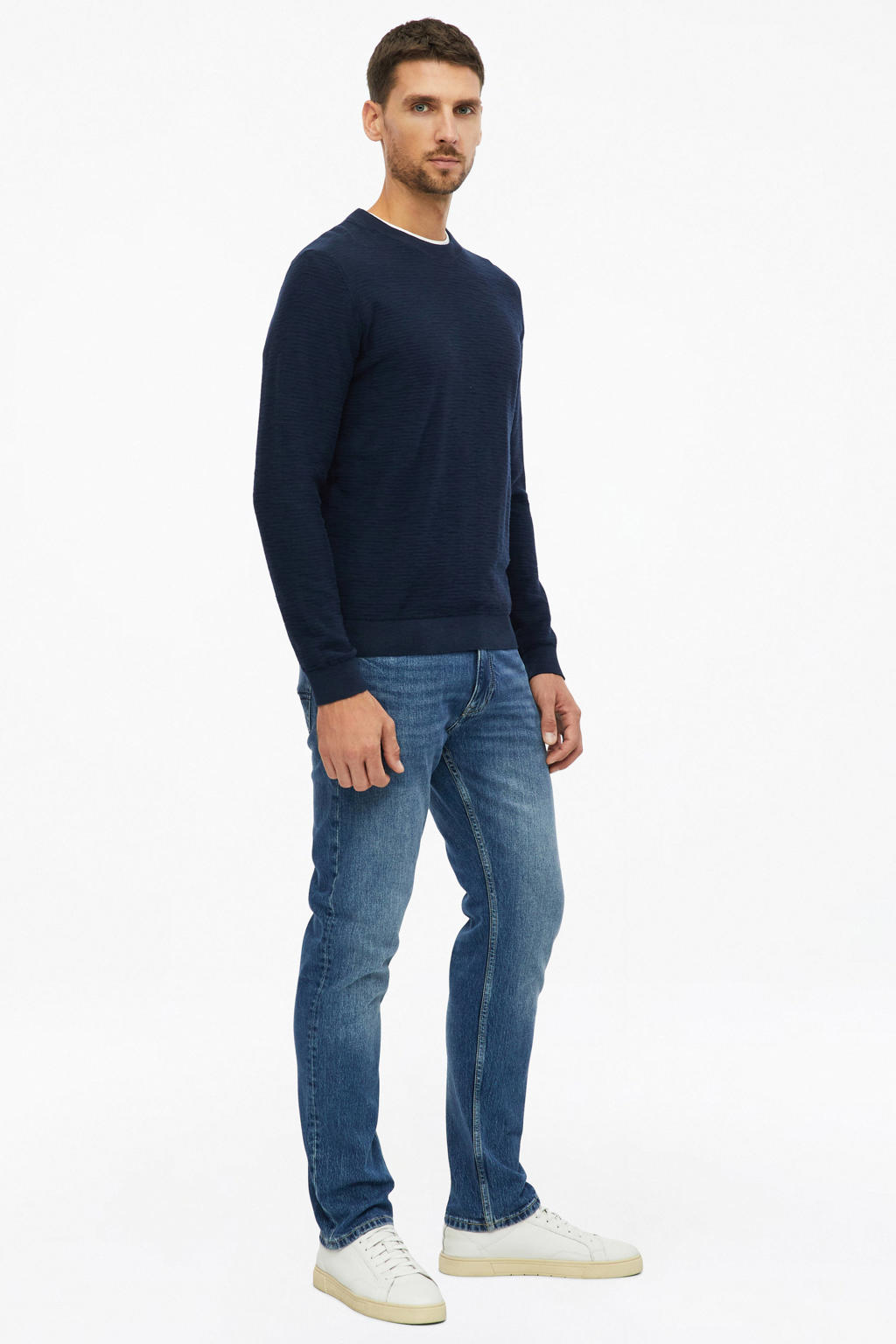 Donkerblauwe heren s.Oliver katoenen relaxed fit gebreide trui zwart met lange mouwen en ronde hals