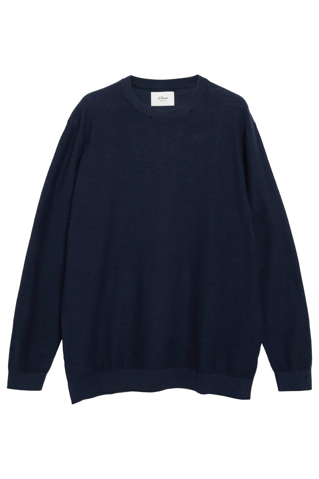 Donkerblauwe heren s.Oliver Big Size regular fit gebreide trui zwart van katoen met effen, lange mouwen en ronde hals