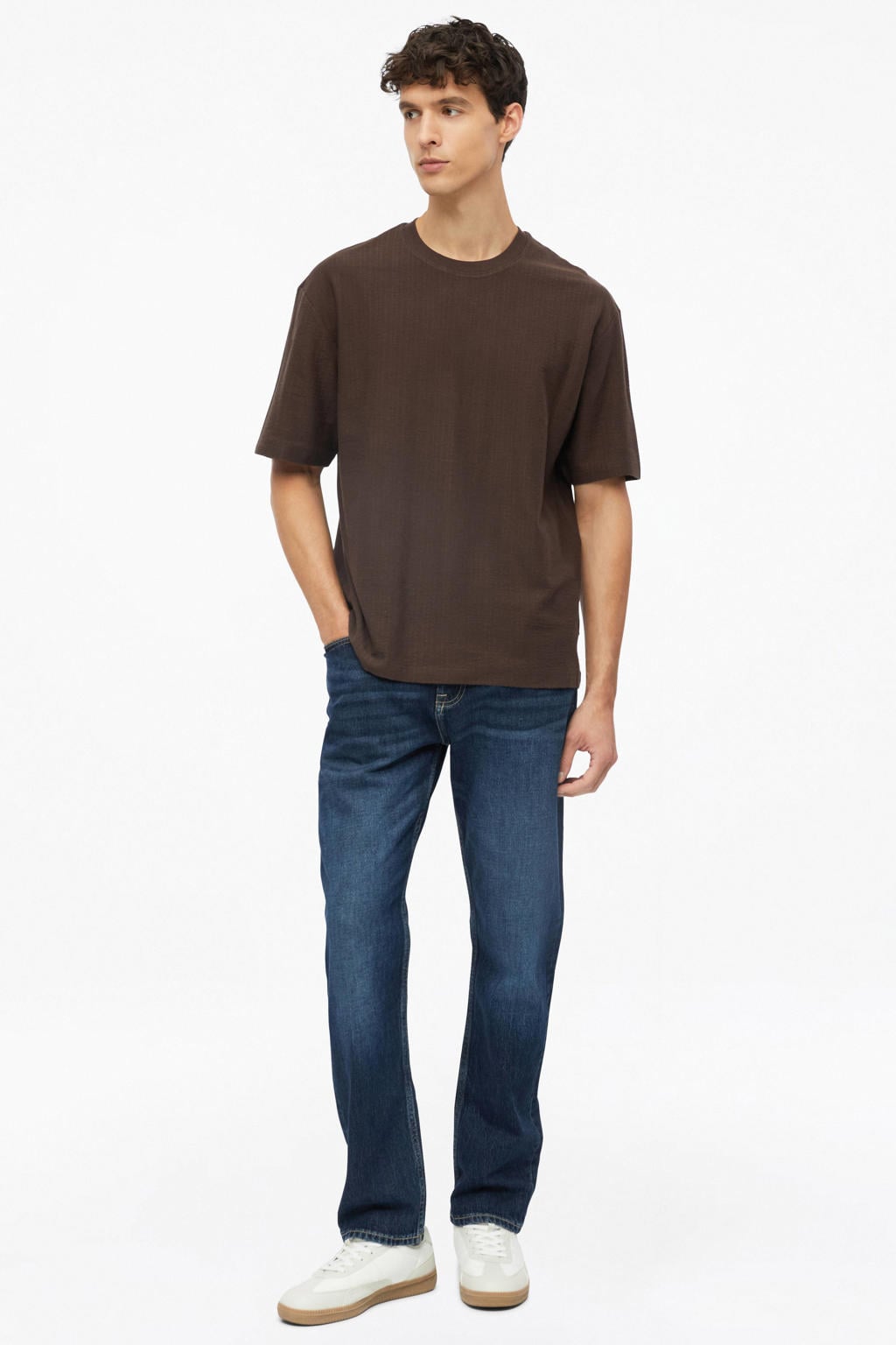 Donkerblauwe heren s.Oliver relaxed fit T-shirt van katoen met effen, korte mouwen, ronde hals en textuur