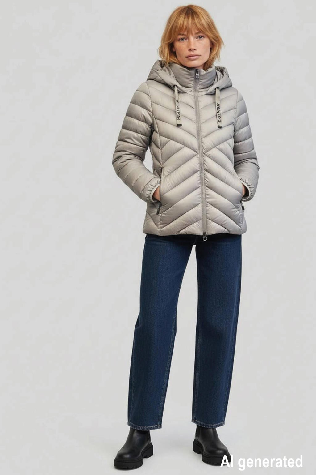 Taupe dames s.Oliver quilted jas van polyester met effen, lange mouwen, capuchon, 2-way rits en doorgestikte details