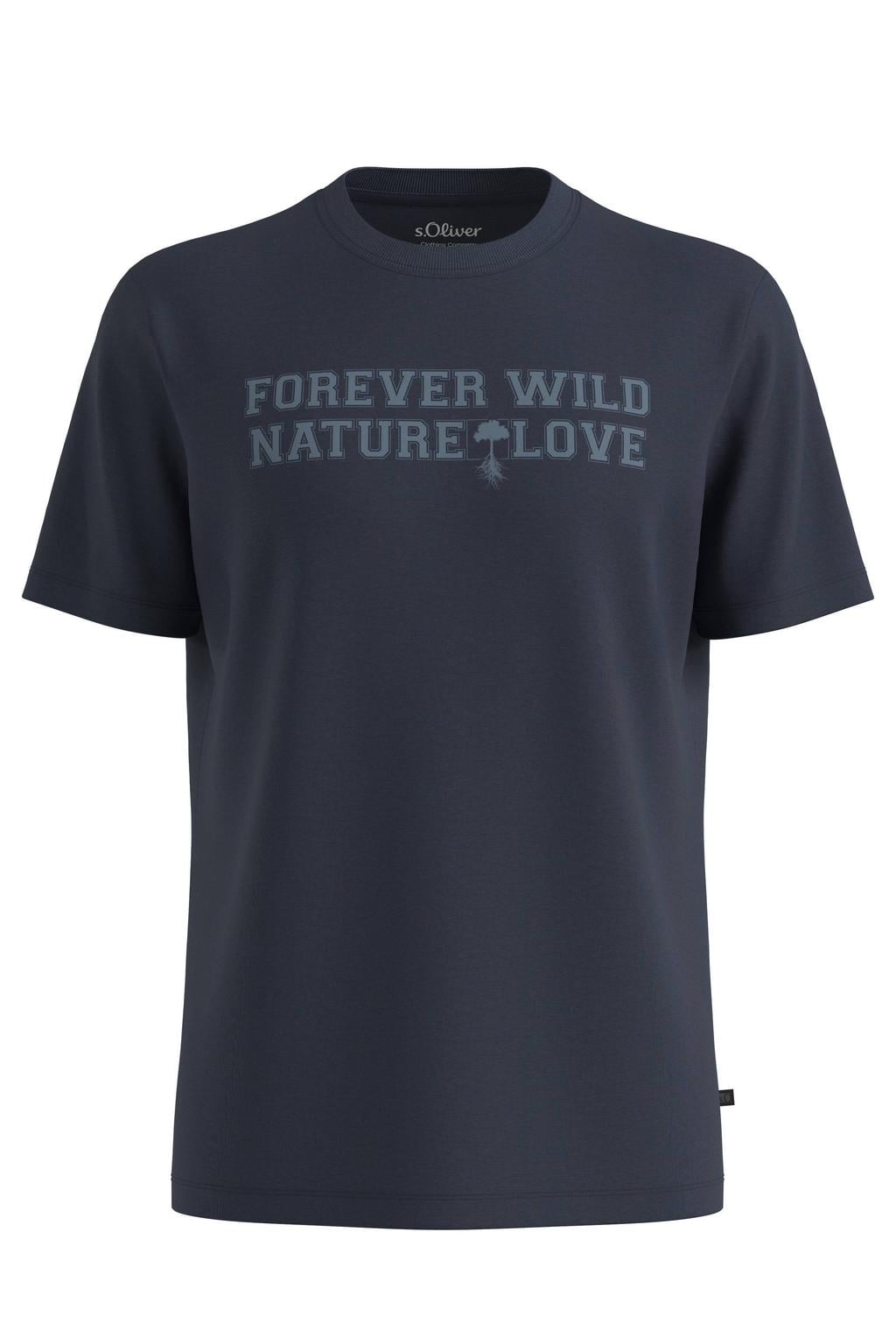 Donkerblauwe heren s.Oliver Big Size regular fit T-shirt zwart van katoen met effen, korte mouwen, ronde hals en geribde boorden