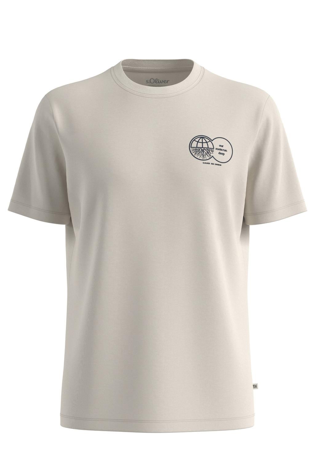 Beige heren s.Oliver regular fit T-shirt van katoen met effen, korte mouwen, ronde hals en geribde boorden