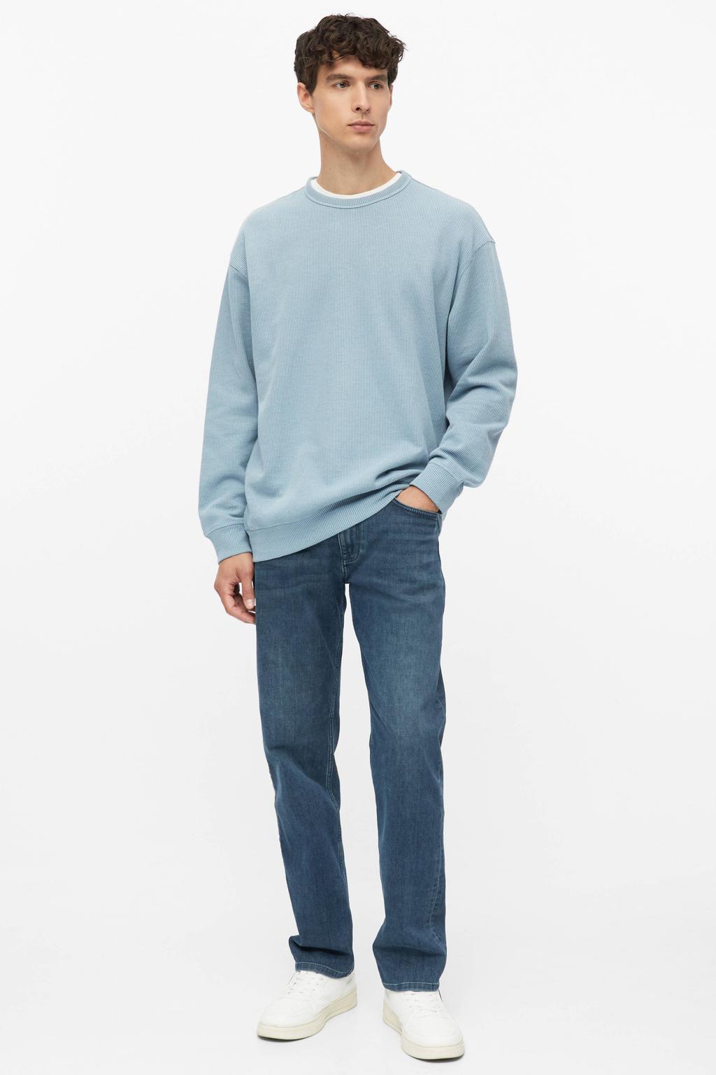 Blauwe heren s.Oliver relaxed fit sweater met effen, lange mouwen, ronde hals en geribde boorden