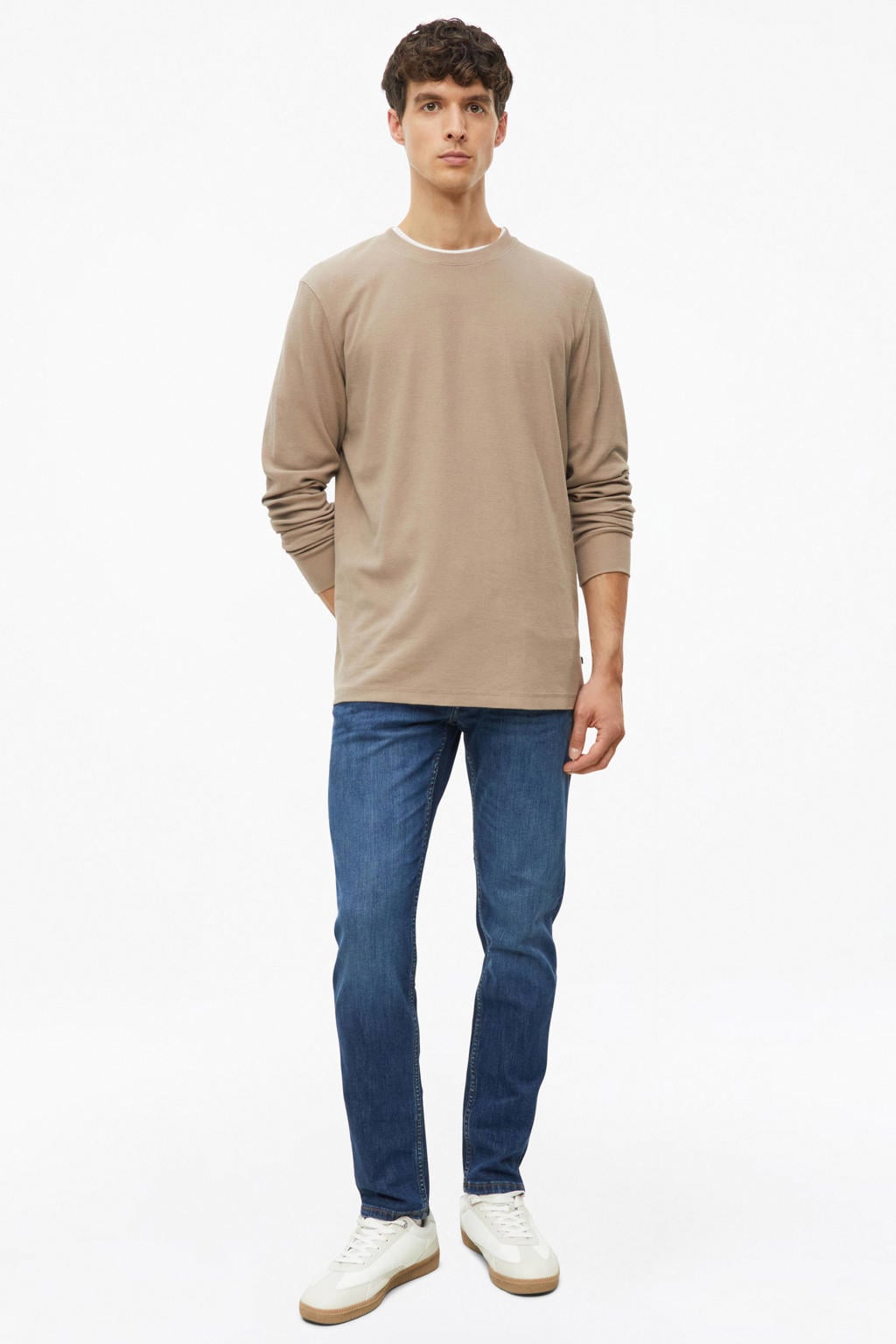 Bruine heren s.Oliver regular fit longsleeve van katoen met effen, lange mouwen, ronde hals en textuur