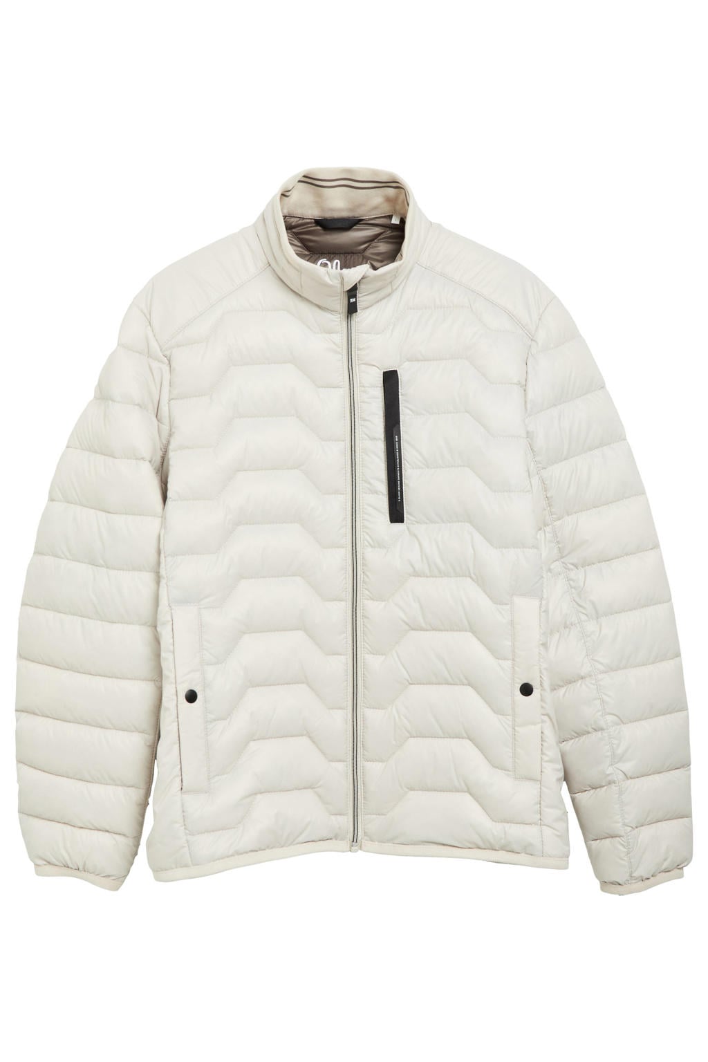 Beige heren s.Oliver quilted winterjas van polyester met effen, lange mouwen, opstaande kraag, ritssluiting en doorgestikte details