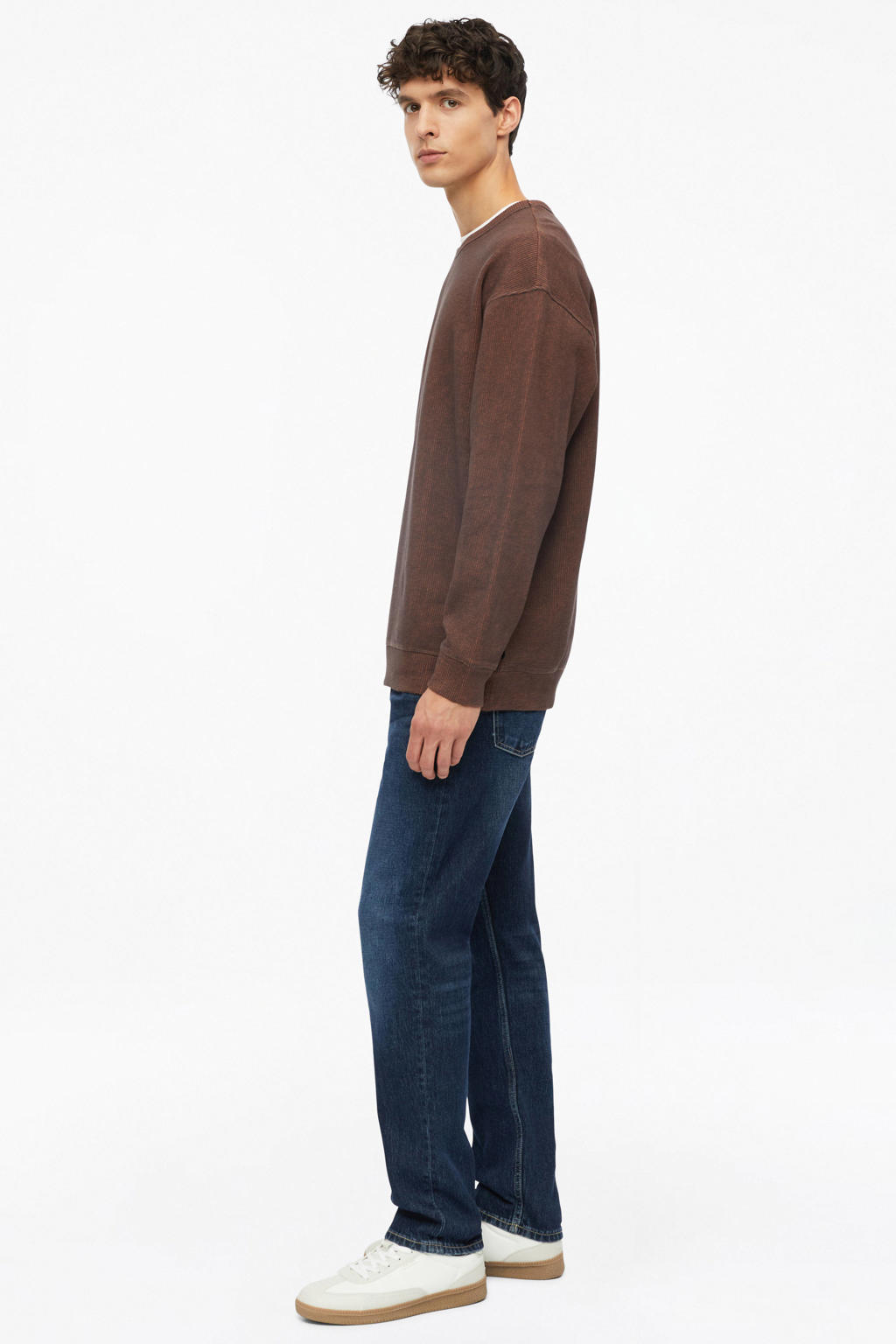 Donkerblauwe heren s.Oliver relaxed fit sweater met effen, lange mouwen, ronde hals en geribde boorden