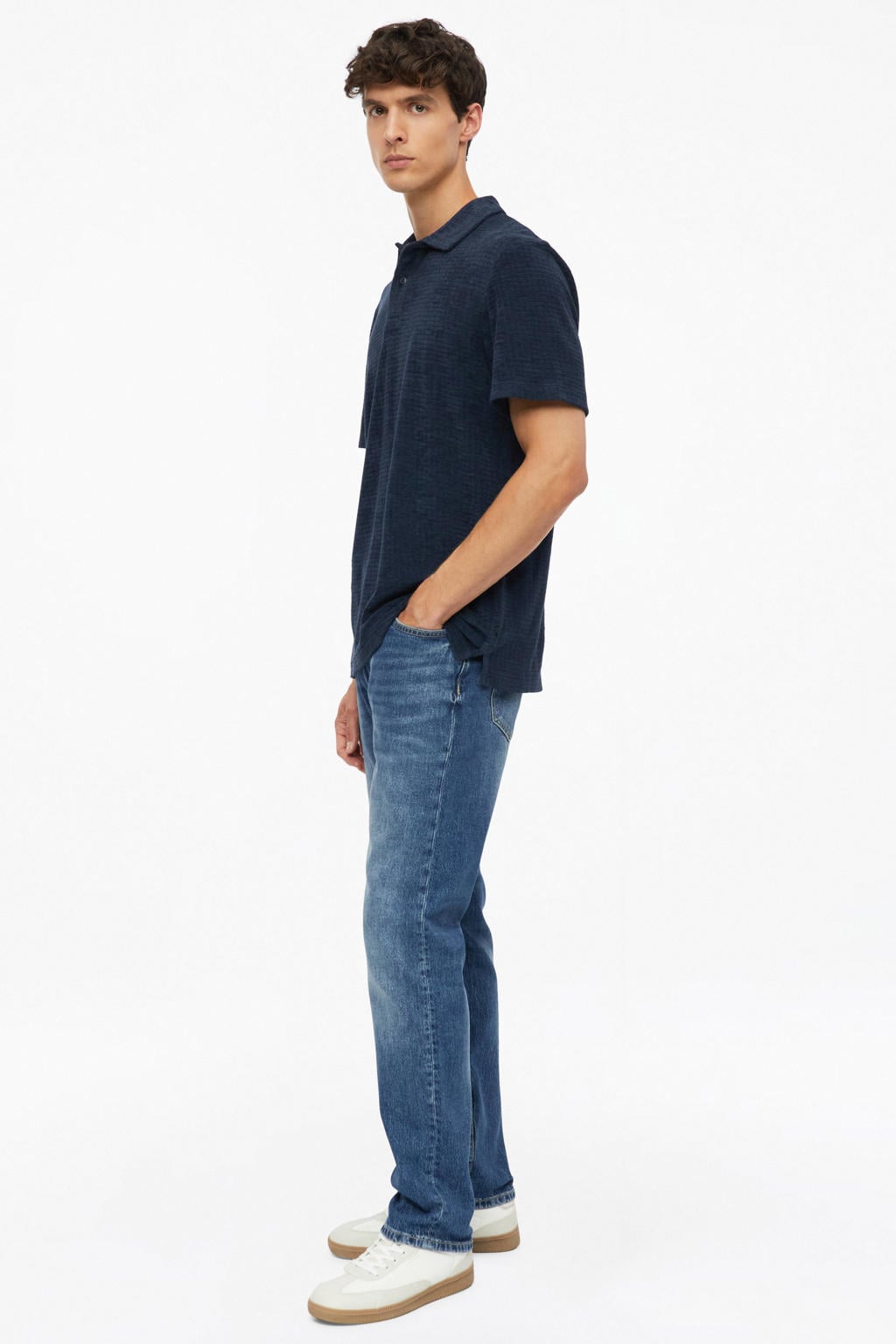 Donkerblauwe heren s.Oliver regular fit polo van badstof met effen, korte mouwen en textuur