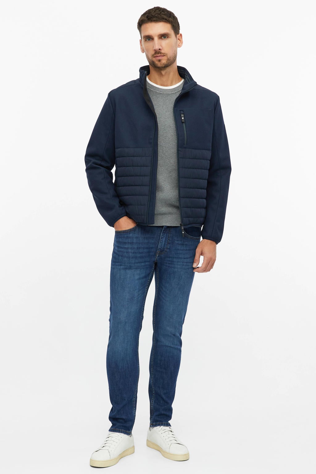 Donkerblauwe heren s.Oliver quilted tussenjas zwart van polyester met effen, lange mouwen, opstaande kraag, ritssluiting en doorgestikte details