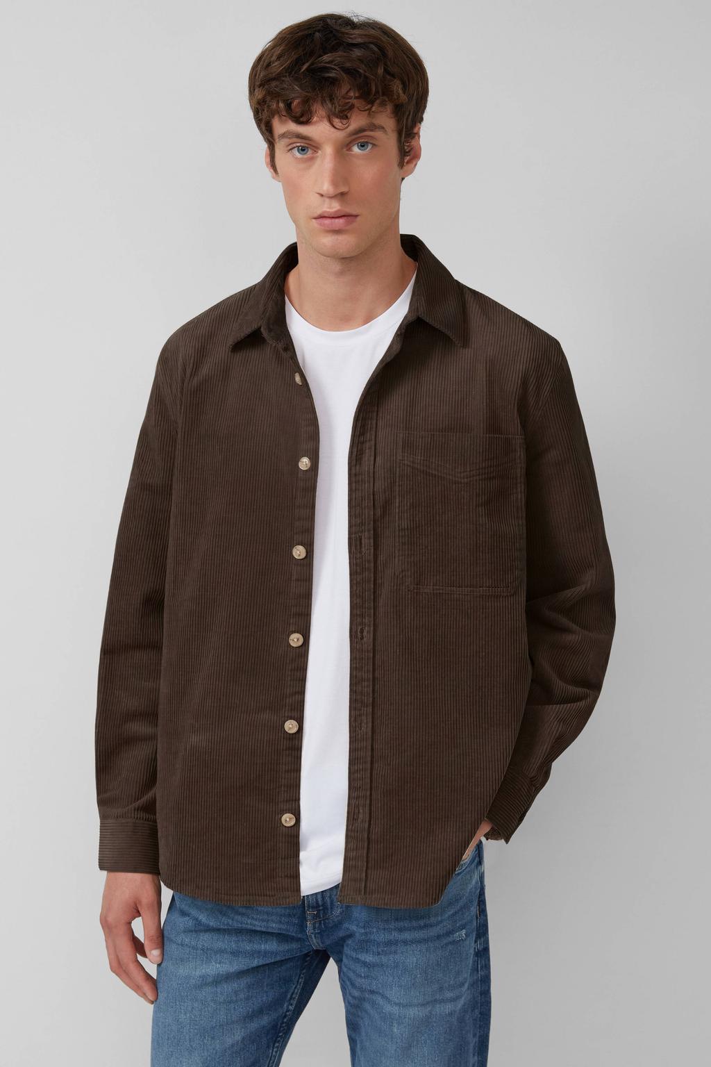 Donkerblauwe heren s.Oliver corduroy relaxed fit overhemd met effen, lange mouwen en klassieke kraag