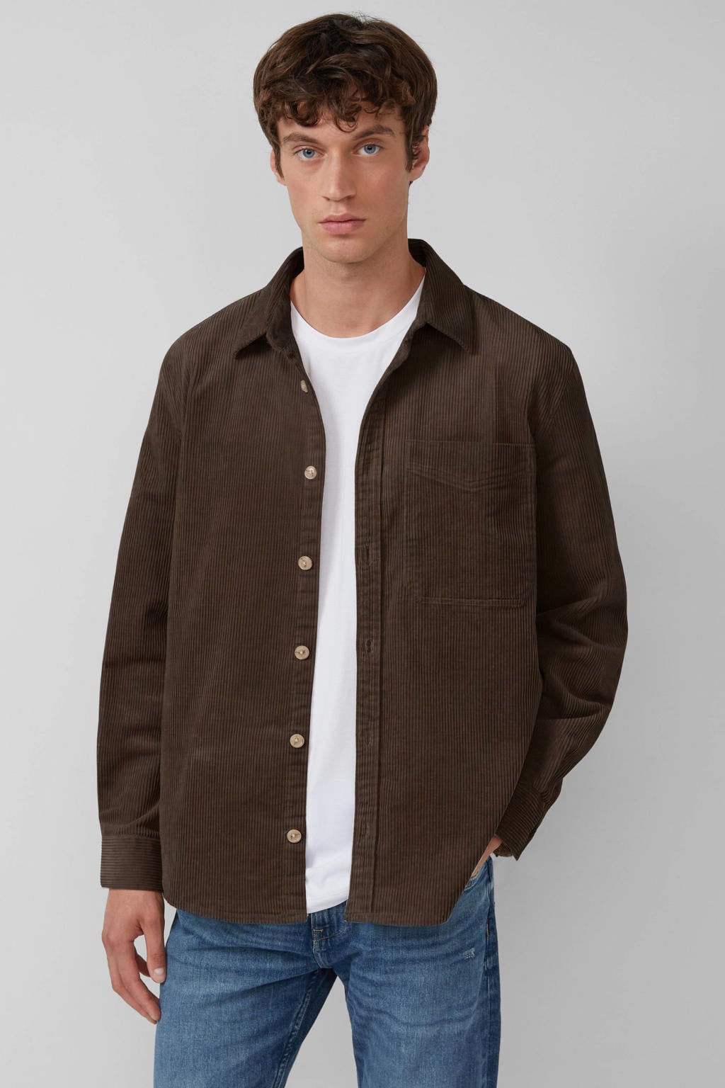 Donkerblauwe heren s.Oliver corduroy relaxed fit overhemd met effen, lange mouwen en klassieke kraag
