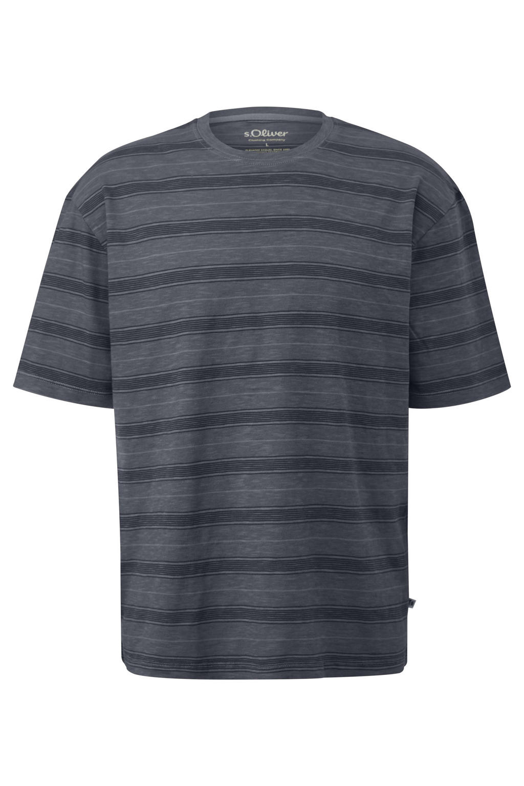 Donkerblauwe heren s.Oliver Big Size relaxed fit gestreept T-shirt van katoen met korte mouwen en ronde hals