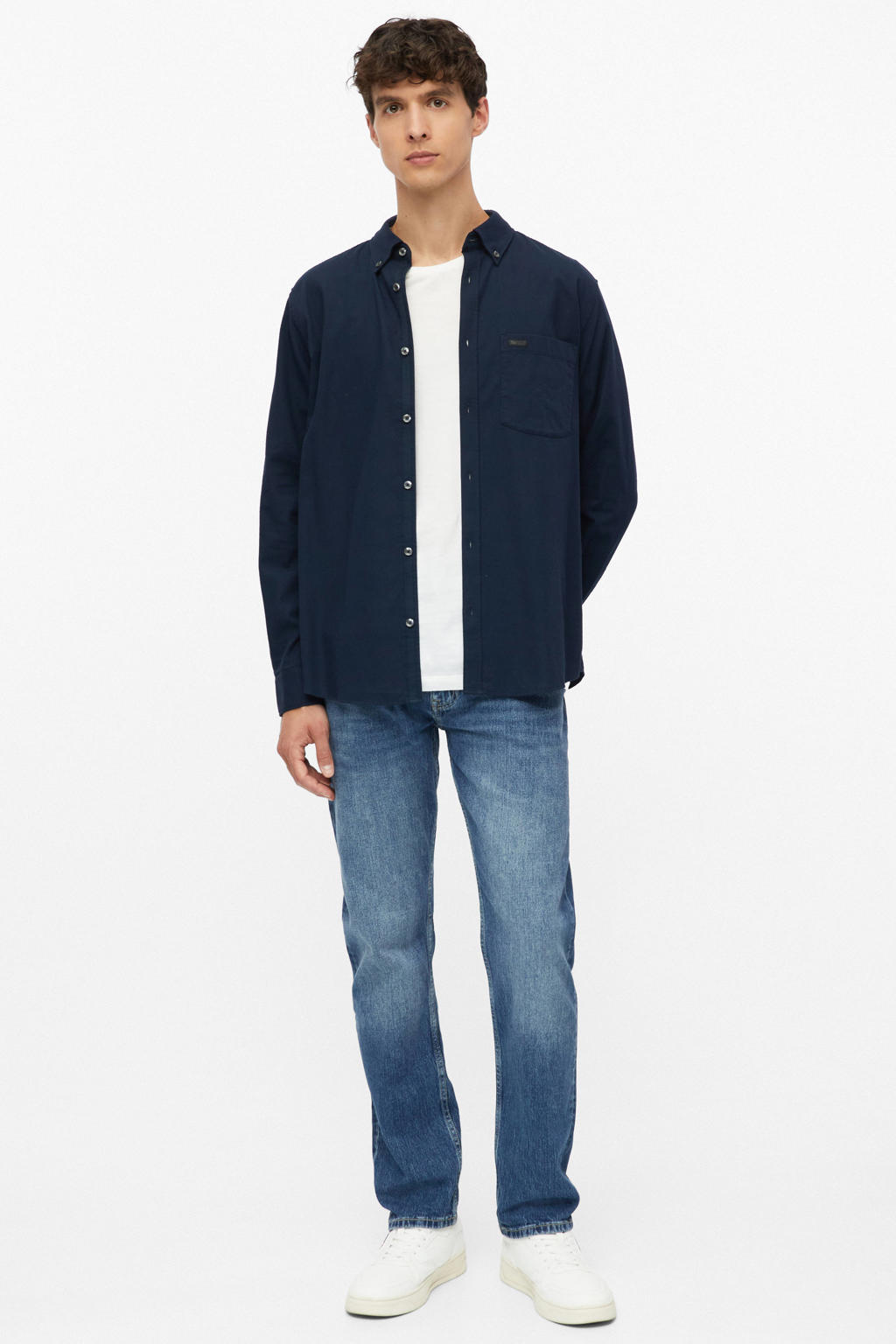 Donkerblauwe heren s.Oliver regular fit casual overhemd zwart van katoen met effen, lange mouwen en klassieke kraag