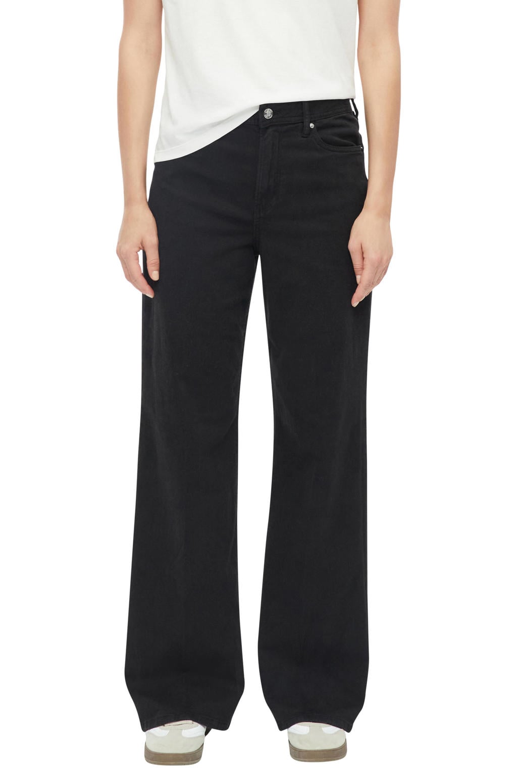 Zwarte dames s.Oliver high waist wide leg jeans van denim met rits- en knoopsluiting en effen