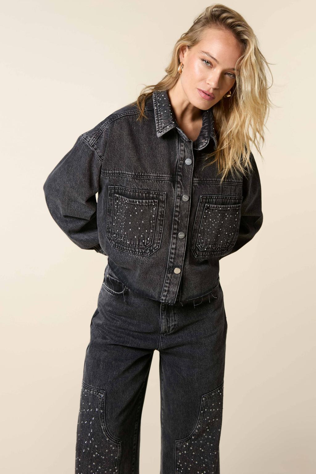 Black denim dames Homage to Denim blouse met vintage look, lange mouwen, klassieke kraag, knoopsluiting en strass steentjes