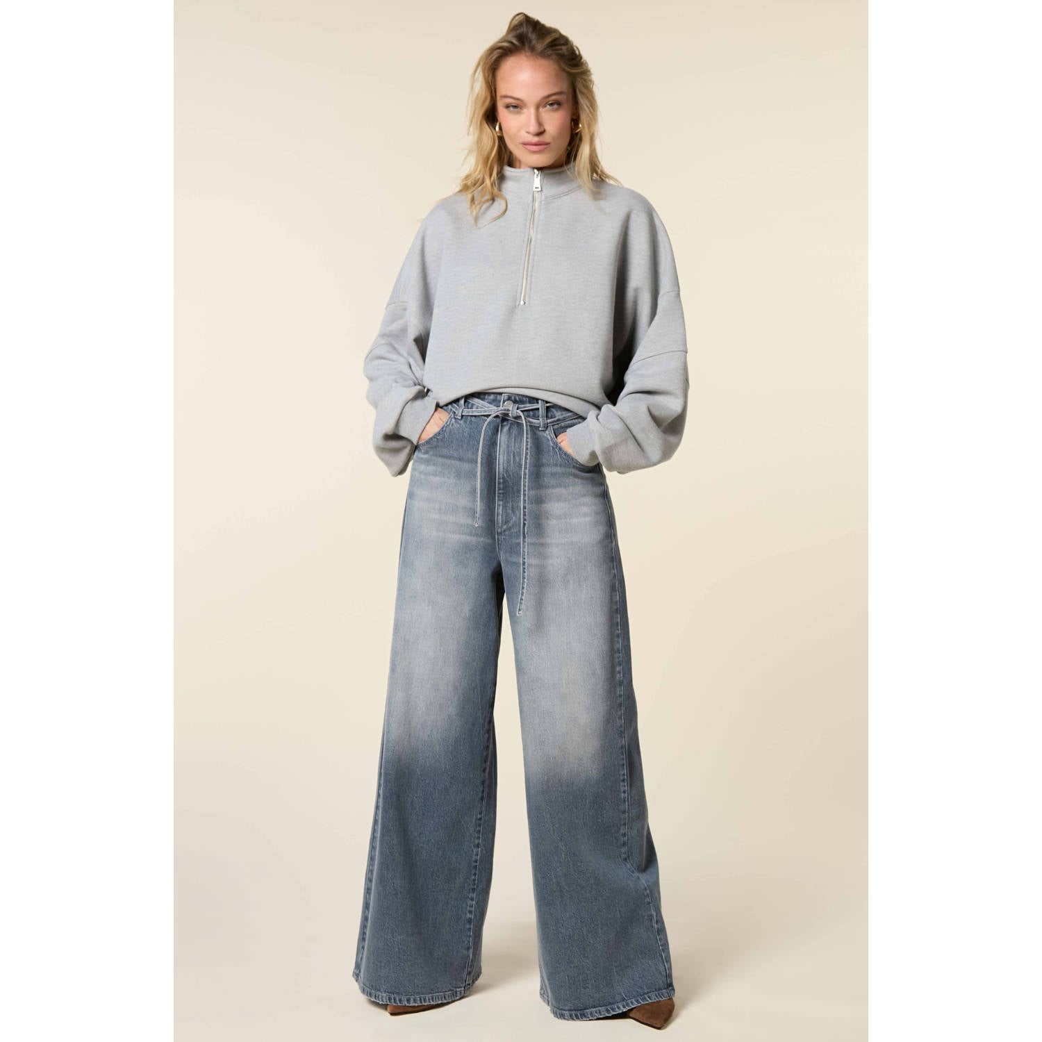 Homage to Denim vintage wide leg jeans met ceintuur grijs
