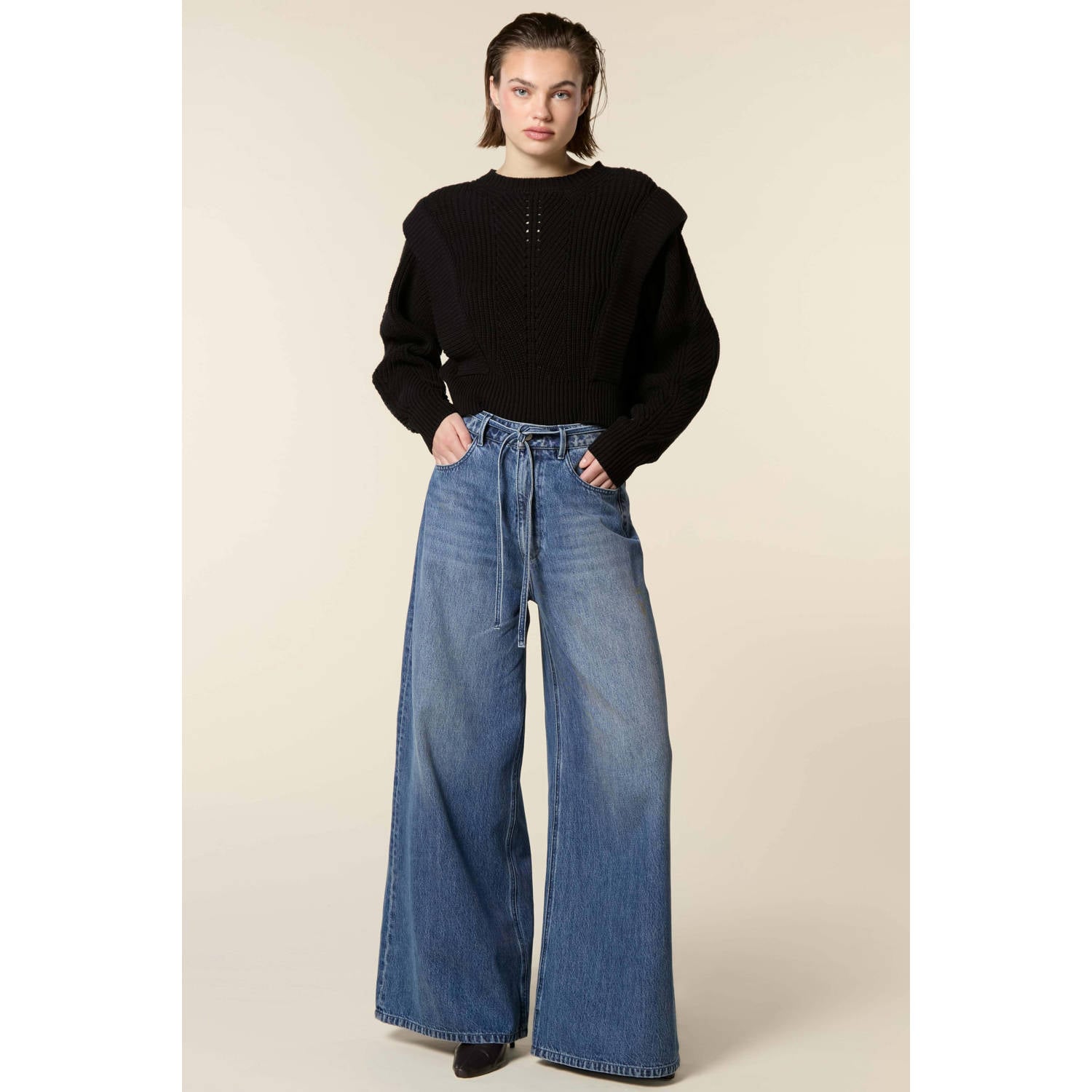 Homage to Denim high waist wide leg jeans met ceintuur mediumblauw
