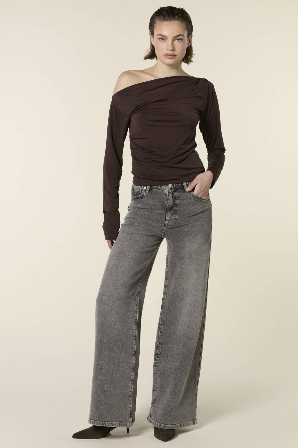 Grey denim dames Homage to Denim wide leg jeans met high waist, rits- en knoopsluiting en effen