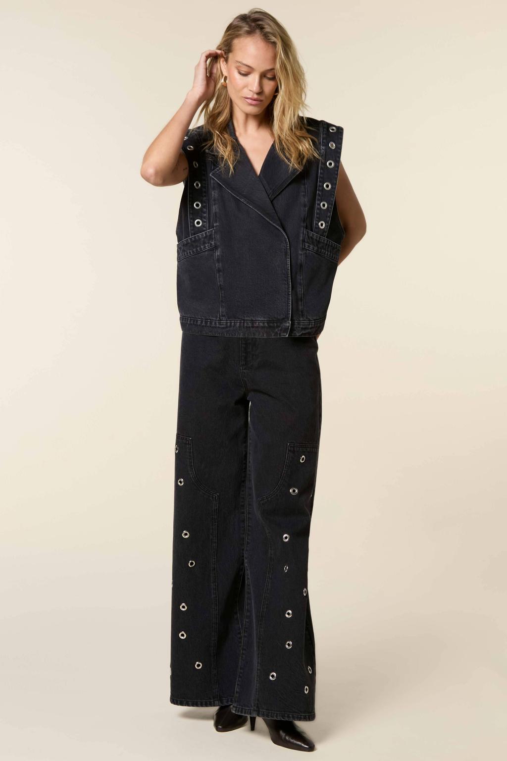 Black denim dames Homage to Denim wide leg jeans met high waist, rits- en knoopsluiting en effen