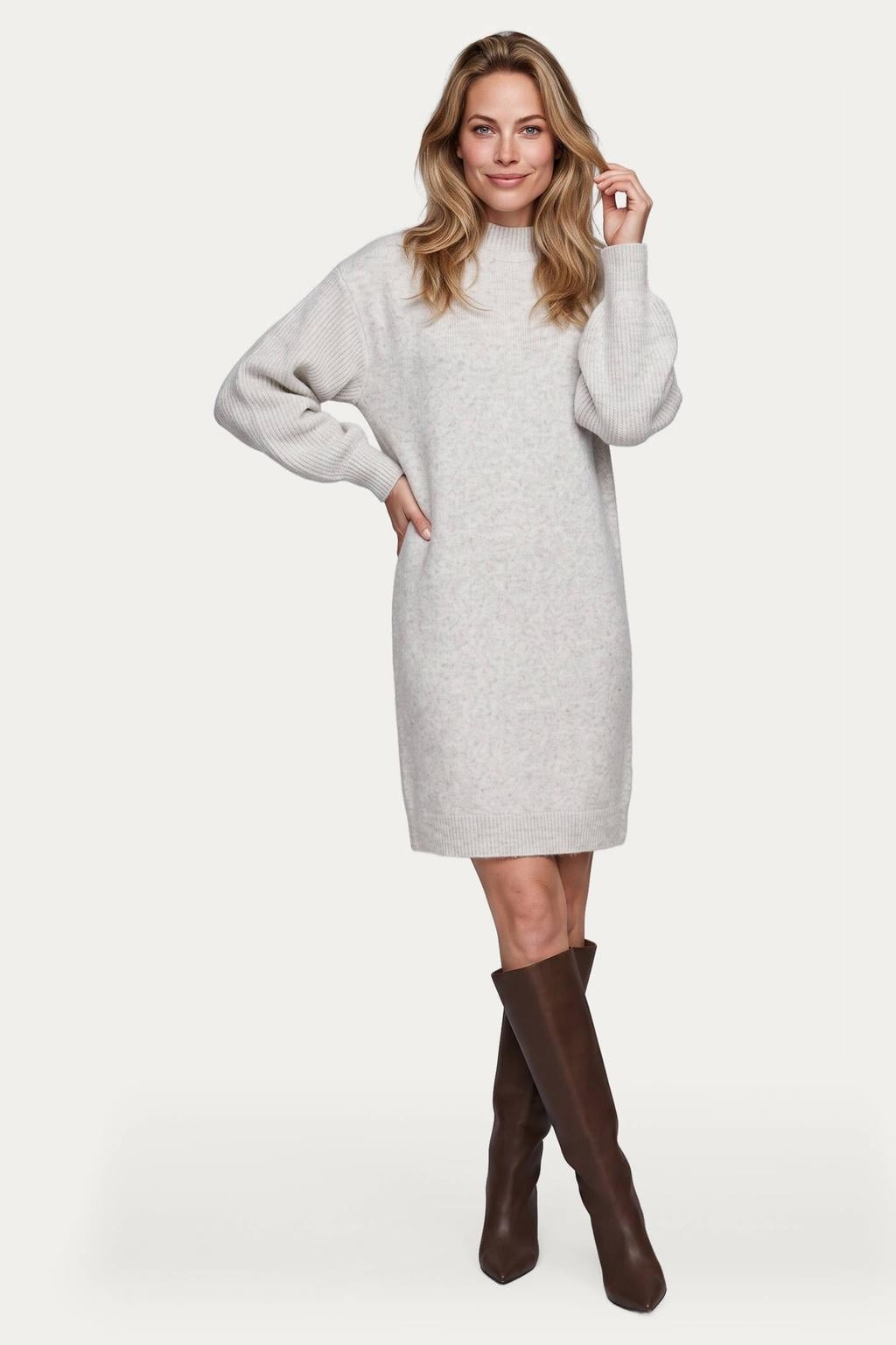Beige dames G-maxx gebreide jurk van wol met effen, lange mouwen, opstaande kraag en knoopdetail