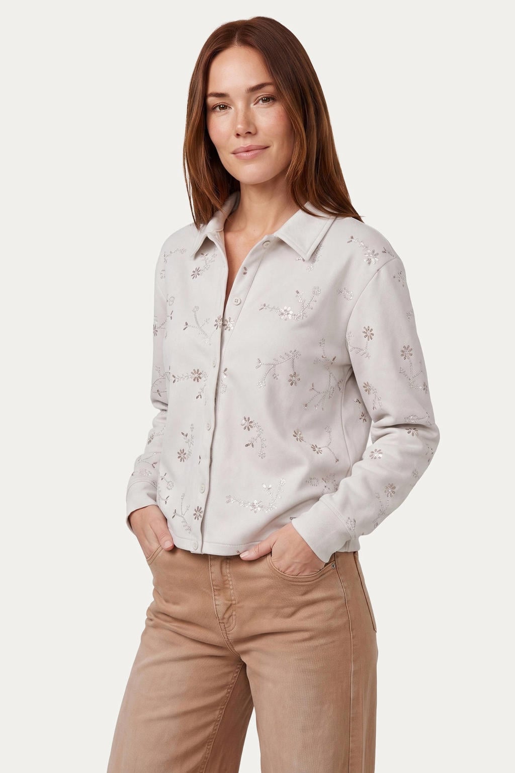Ecru dames G-maxx van polyester met lange mouwen, klassieke kraag, knoopsluiting en pailletten
