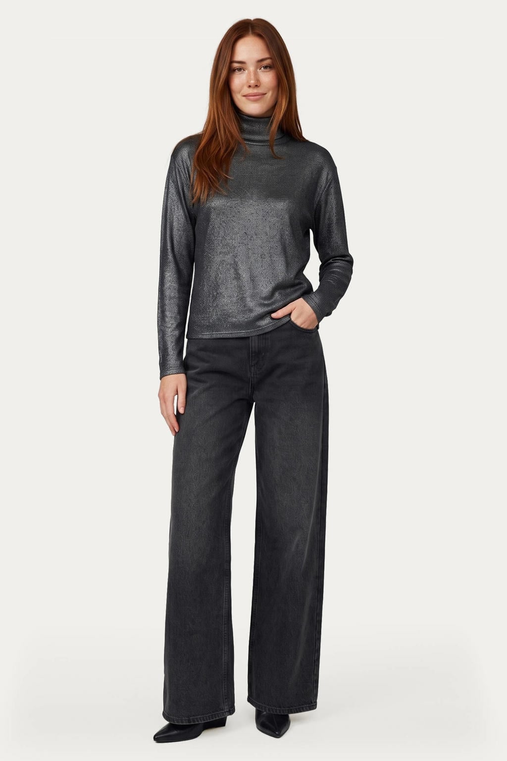 Antraciete dames G-maxx van viscose met effen, lange mouwen, col en glimmend detail