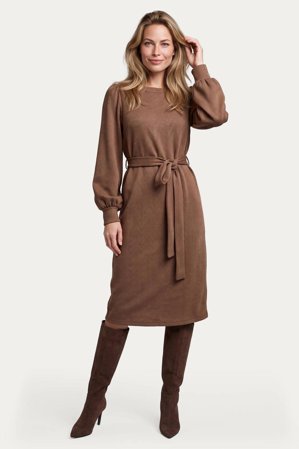 Bruine dames G-maxx midi jurk van polyester met effen, lange mouwen en ronde hals
