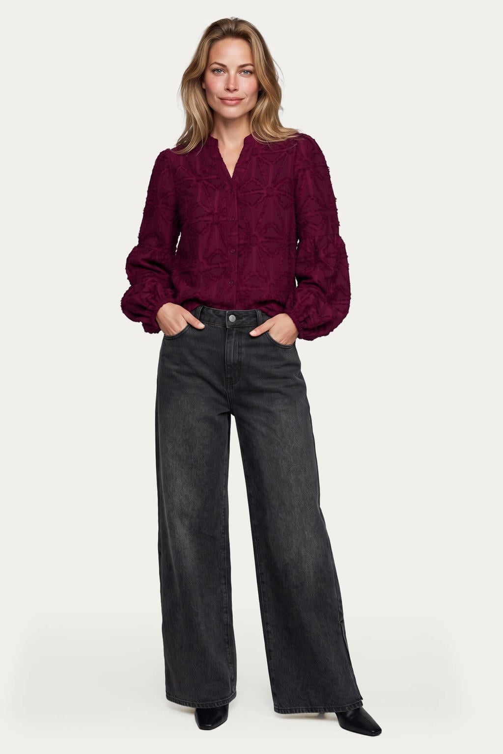 Donkerrode dames G-maxx blouse van polyester met lange mouwen, V-hals, knoopsluiting en textuur