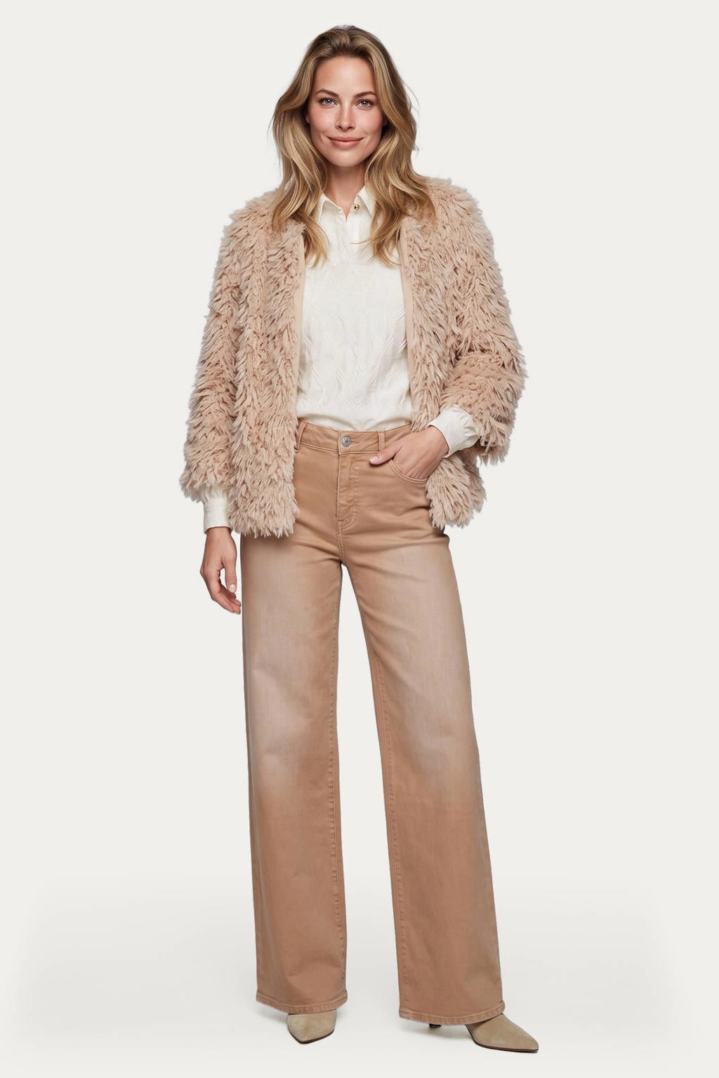 Beige dames G-maxx gevoerd vest met effen, driekwart mouwen, ronde hals en haaksluiting