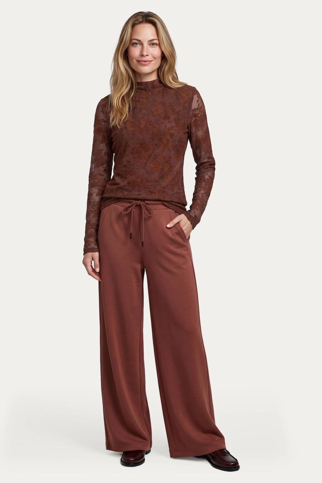 G-maxx travelstof wide leg casual broek - bruin