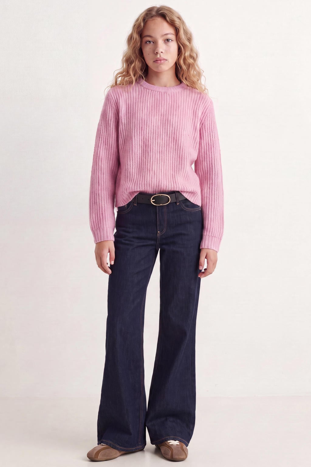 Roze meisjes JJXX GIRL gebreide trui van polyester met effen, lange mouwen en ronde hals