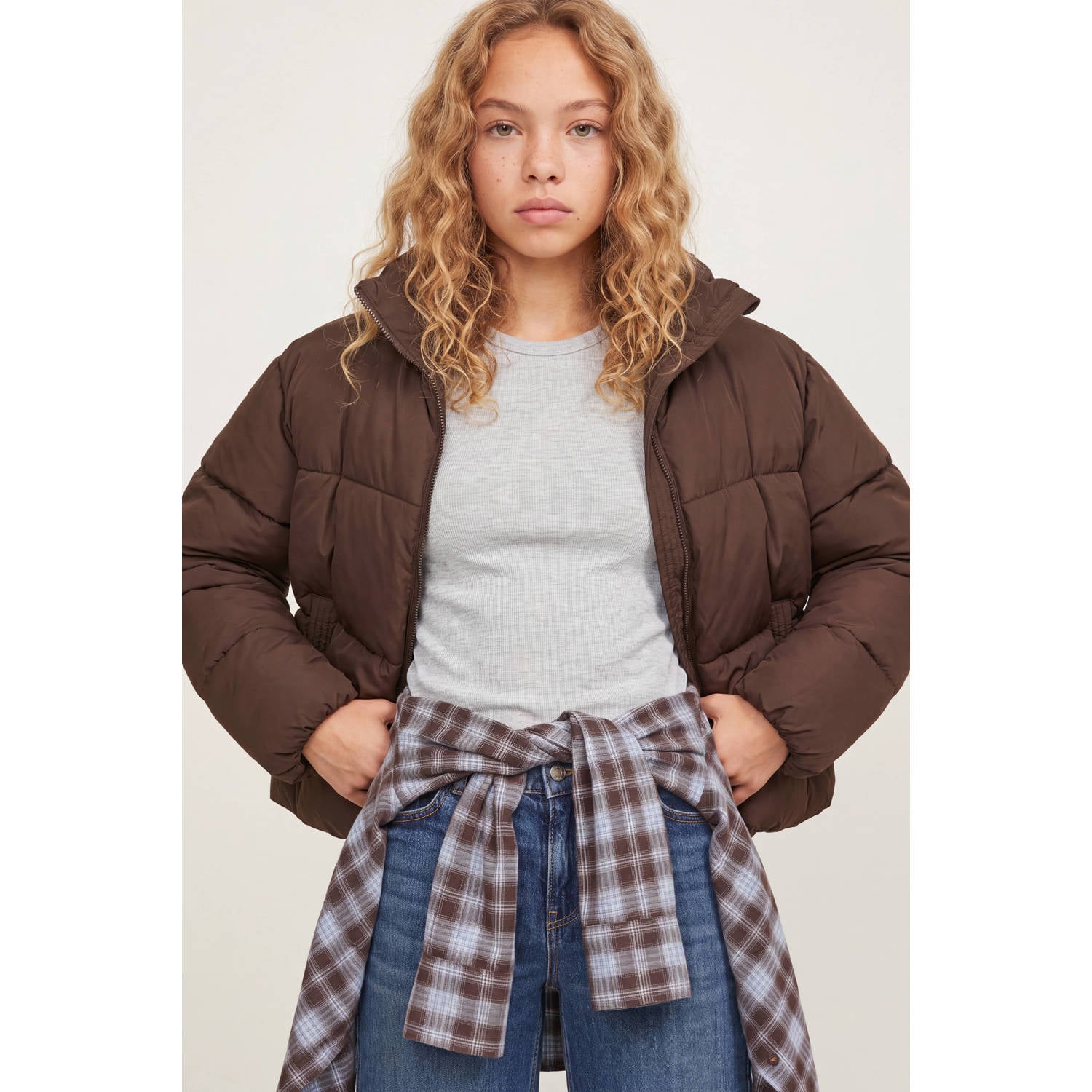 JJXX GIRL pufferjas donkerbruin