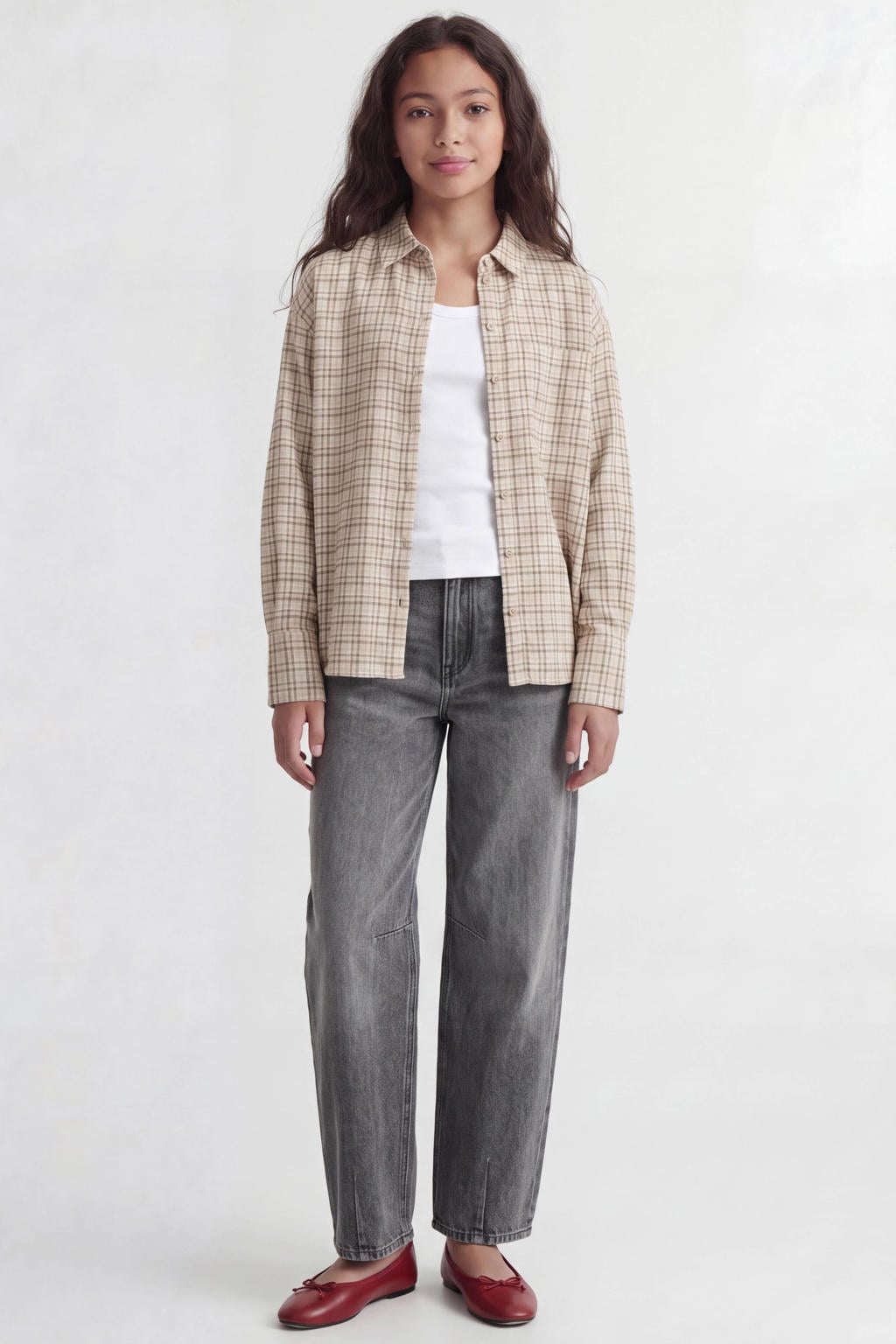 Beige en bruine meisjes JJXX GIRL flanel geruite blouse met lange mouwen, klassieke kraag, knoopsluiting en geweven detail