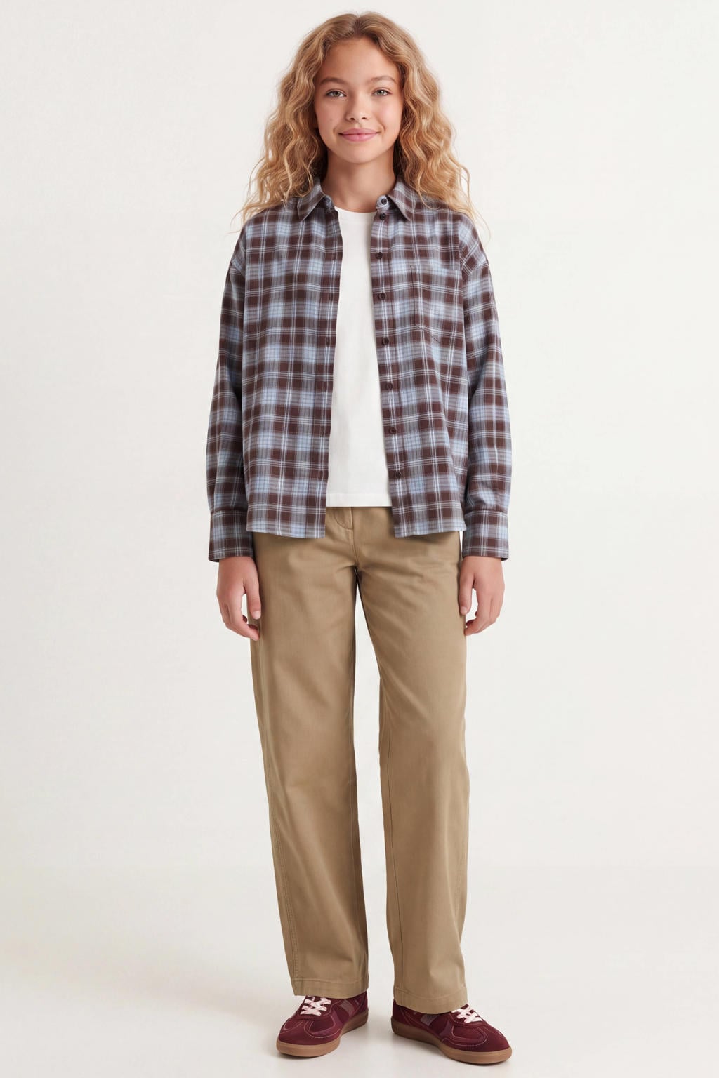 Donkerbruin, bruin en lichtblauwe meisjes JJXX GIRL flanel geruite blouse met lange mouwen, klassieke kraag, knoopsluiting en geweven detail