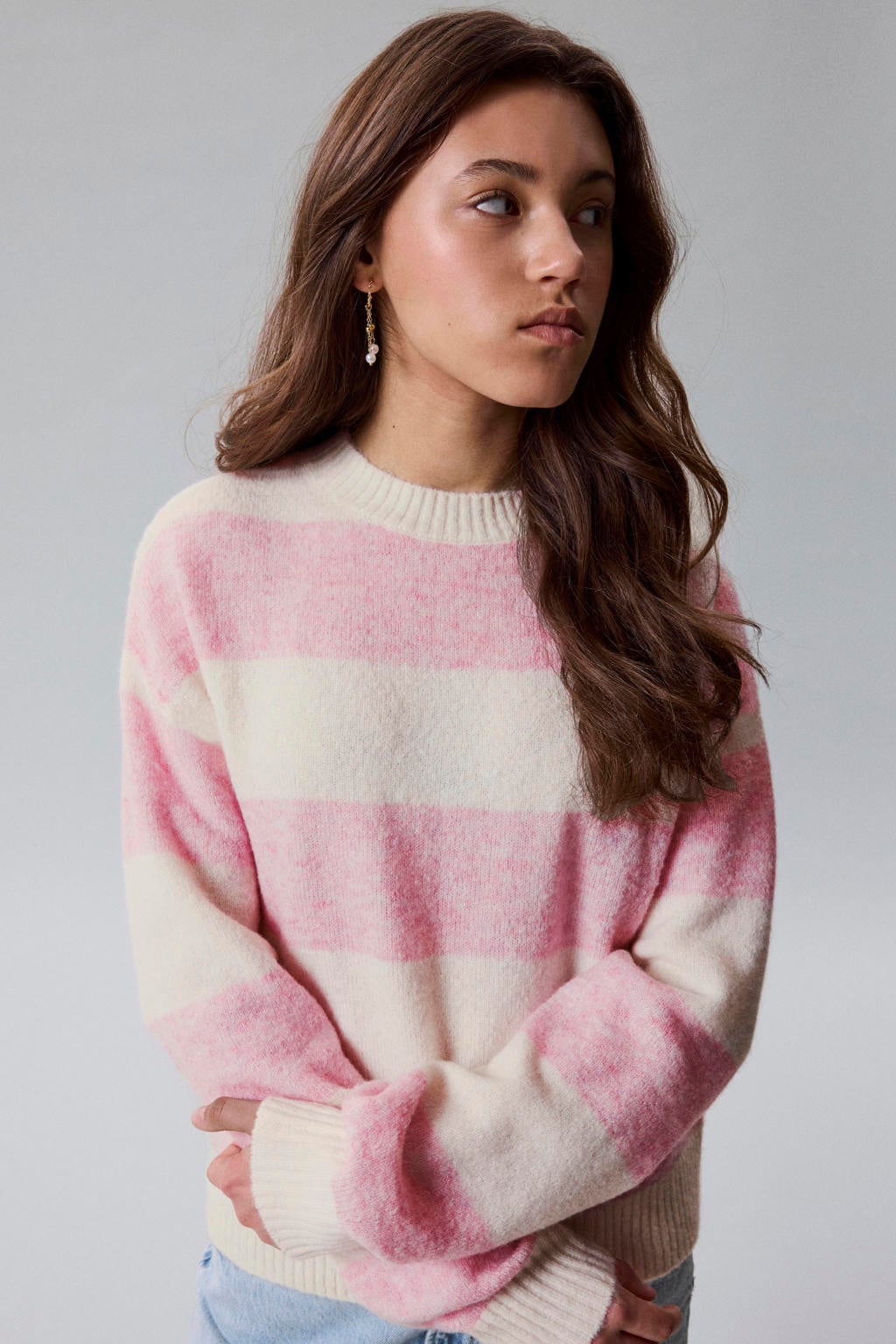 LMTD gebreide gestreepte trui met wol - roze