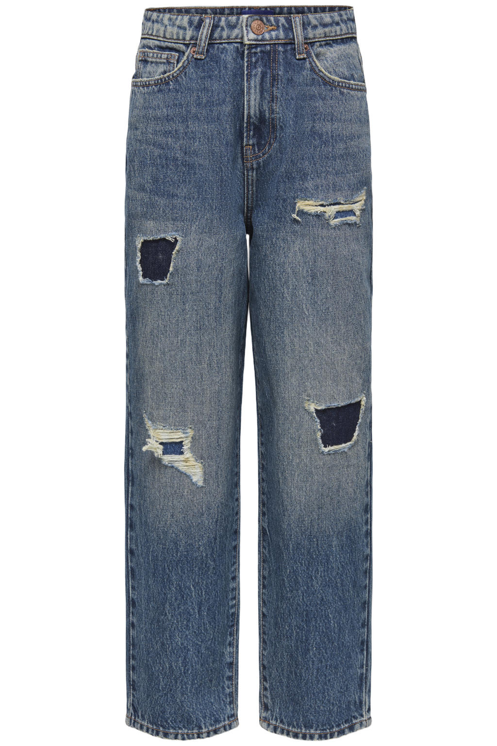 Dark blue denim jongens ONLY & SONS JUNIOR ripped straight leg jeans van denim met rits- en knoopsluiting en effen