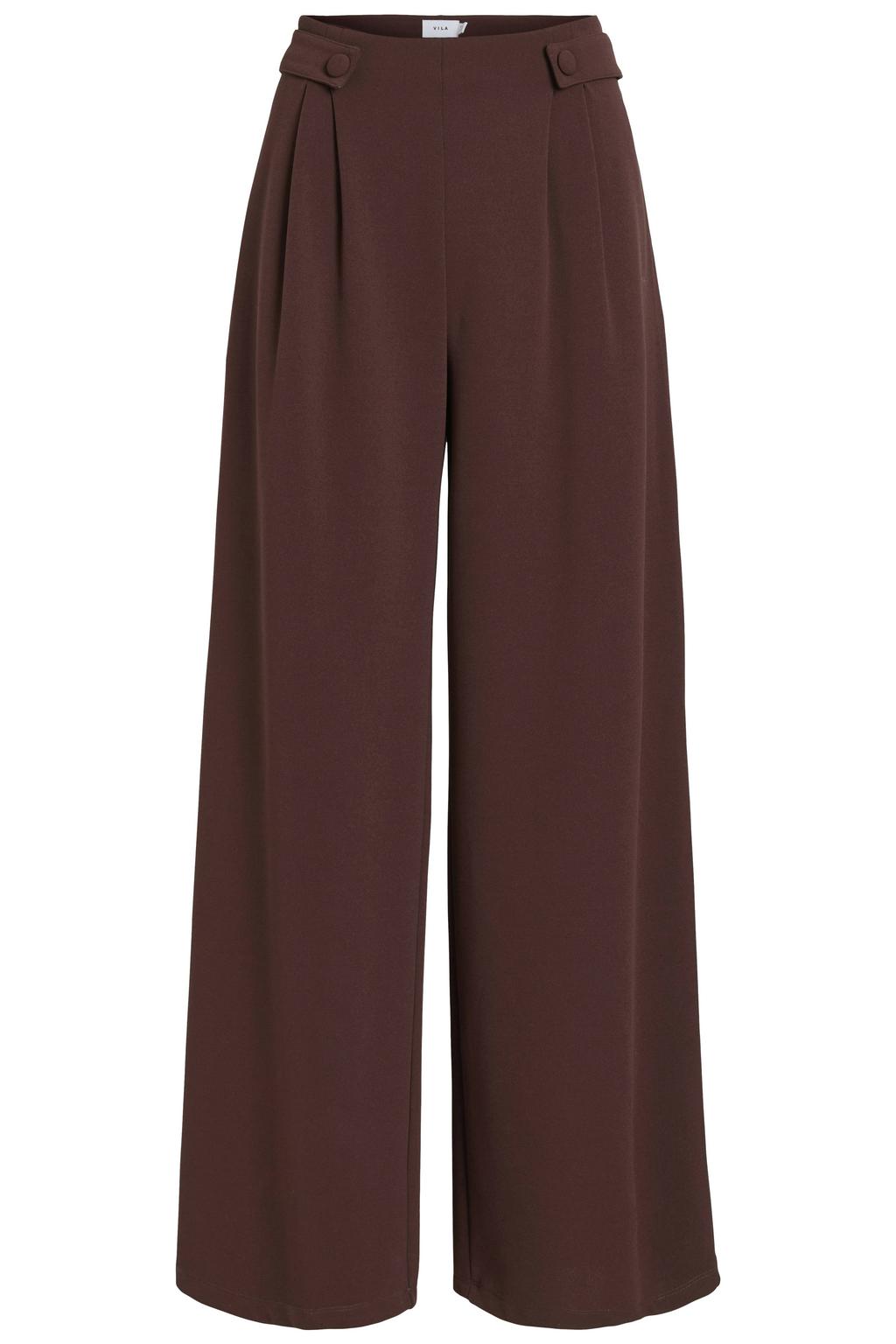 Donkerblauwe dames VILA high waist pantalon van polyester met wijde pijpen, ritssluiting en effen