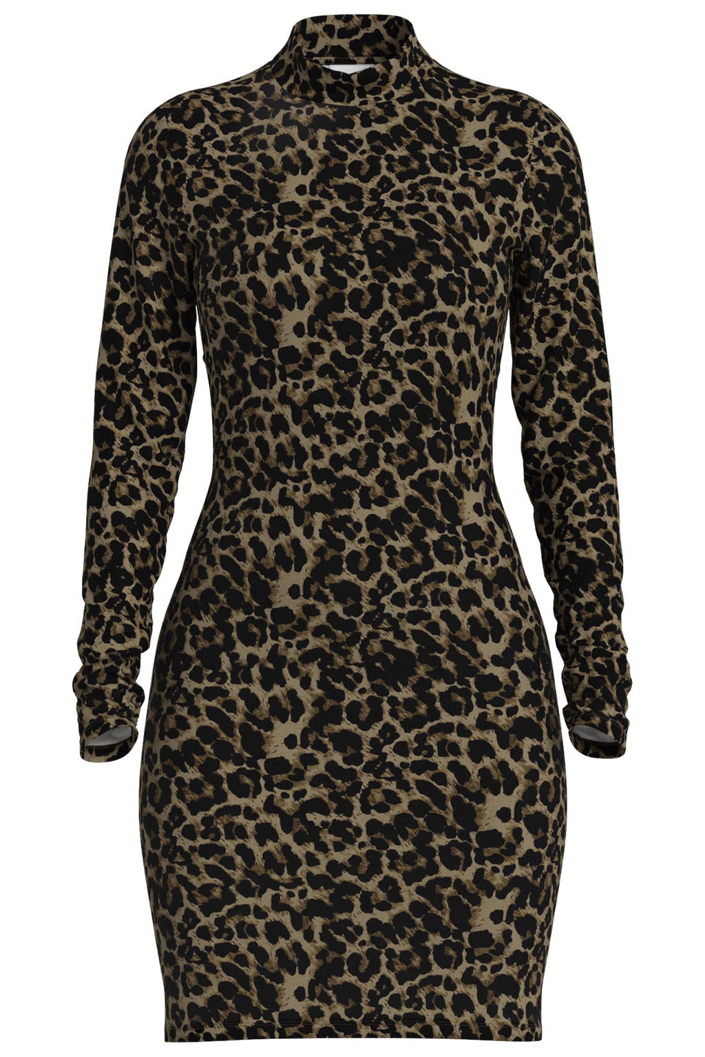 Bruine dames VILA korte jurk van polyester met dierenprint, lange mouwen en col