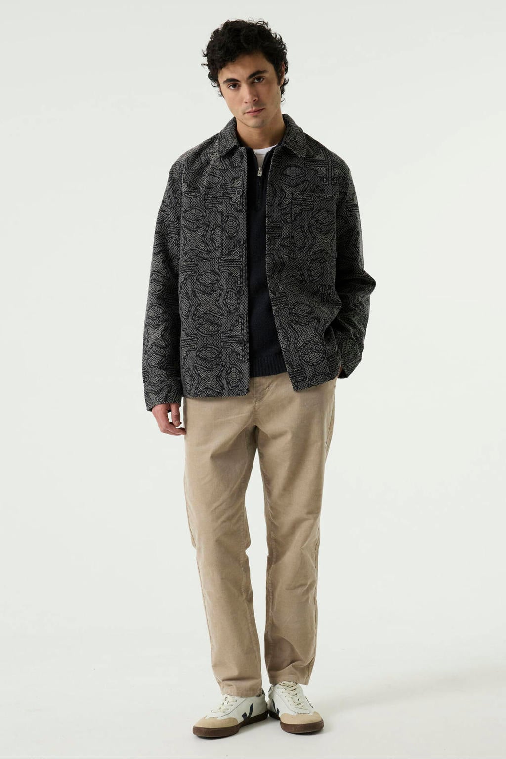 Blauwe heren Garcia relaxed fit jacquard overshirt van polyester met lange mouwen en klassieke kraag