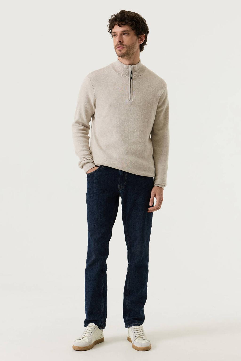 Beige heren Garcia regular fit trui van katoen met effen, lange mouwen en opstaande kraag