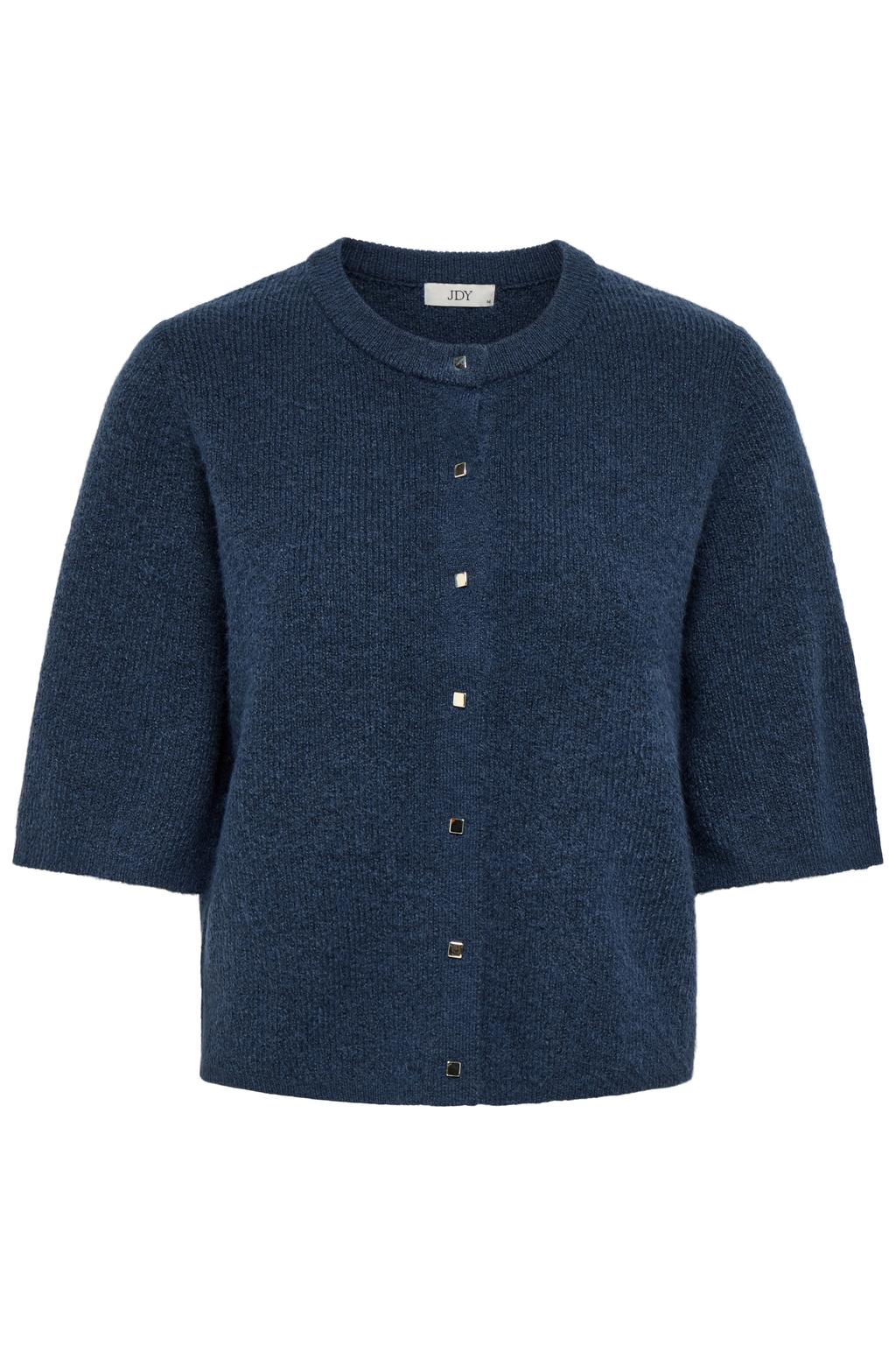 Donkerblauwe dames JDY gebreid vest met effen, driekwart mouwen, ronde hals en knoopsluiting