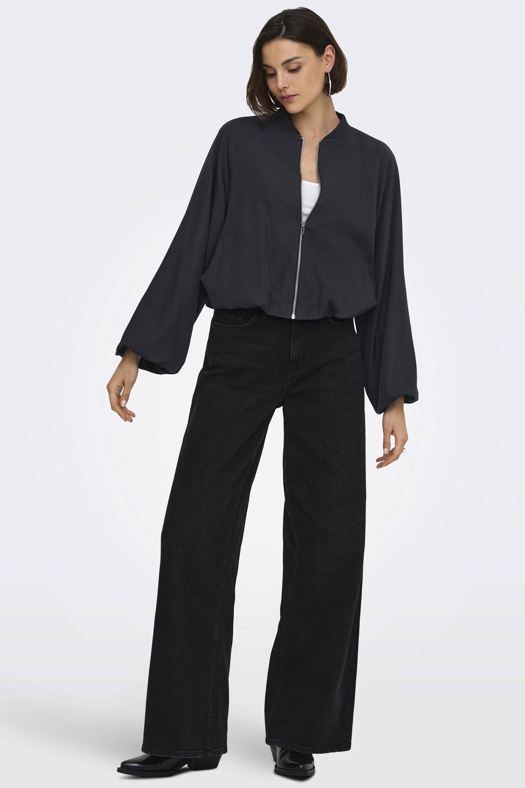 Zwarte dames JDY bomberjack van polyester met effen, lange mouwen, ronde hals en geweven detail