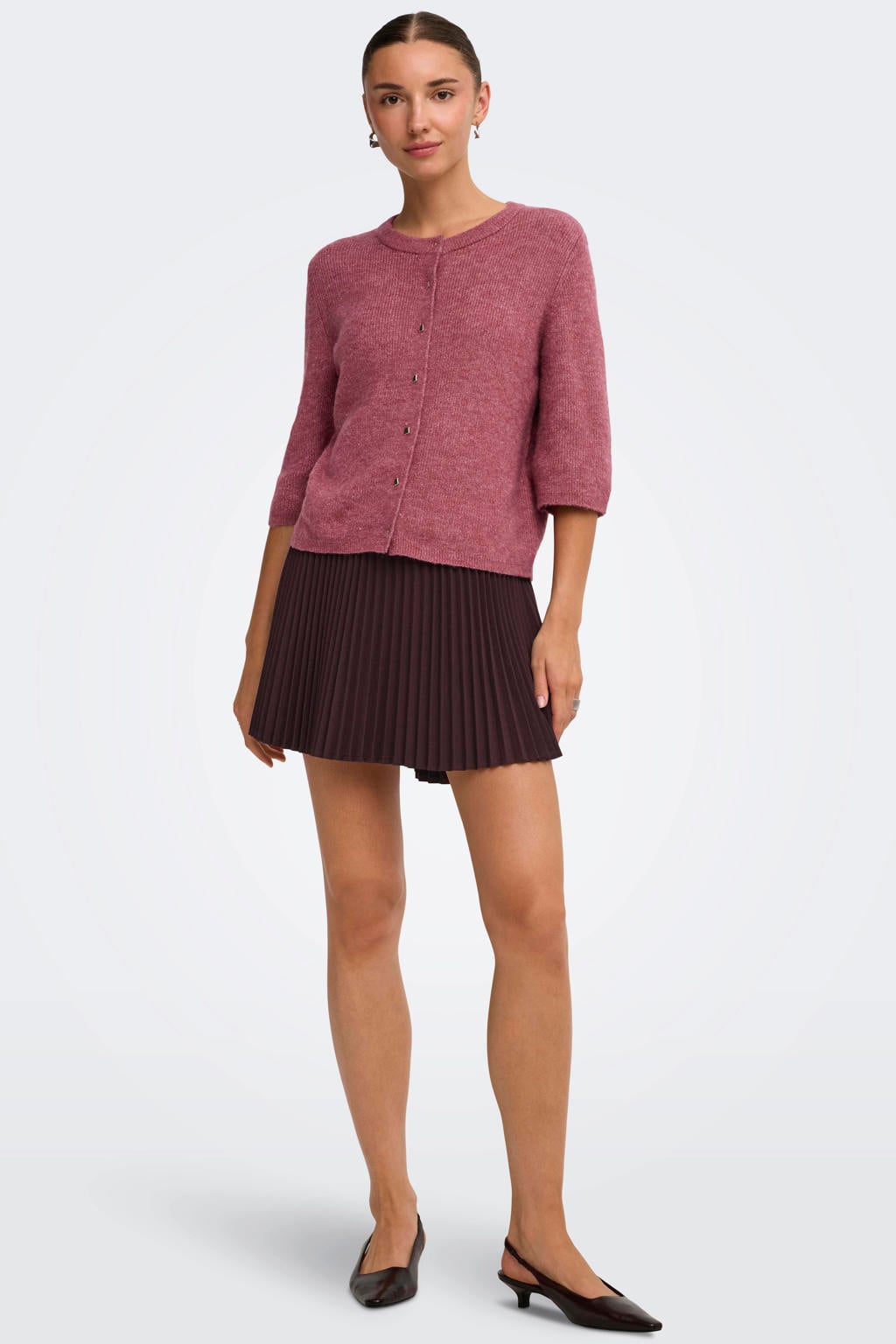 Roze dames JDY gebreide vest met effen, driekwart mouwen, ronde hals en knoopsluiting