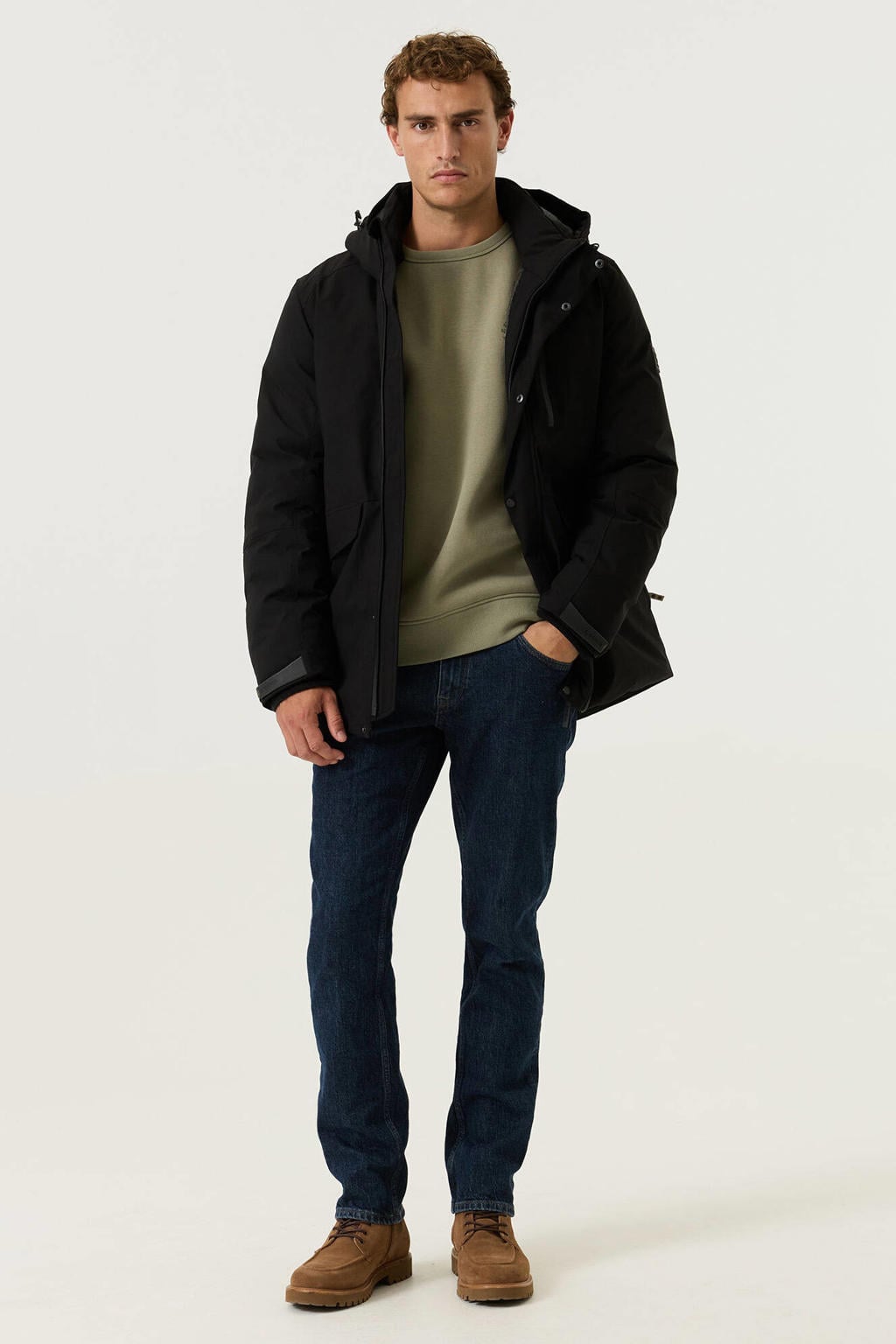 Zwarte heren Garcia winterparka van polyester met effen, lange mouwen, capuchon en rits- en drukknoopsluiting