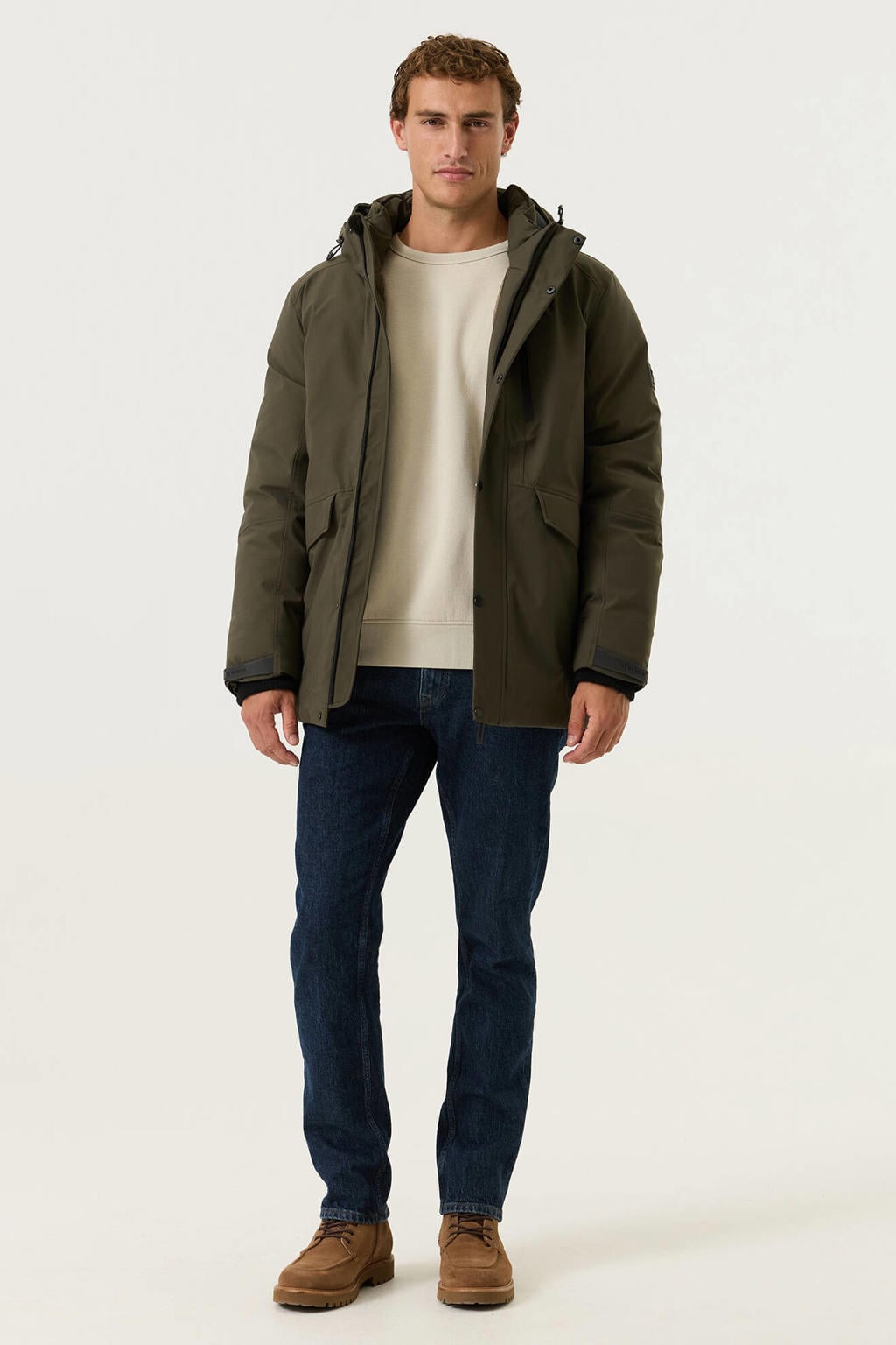 Donkergroene heren Garcia winterparka van polyester met effen, lange mouwen, capuchon en rits- en drukknoopsluiting