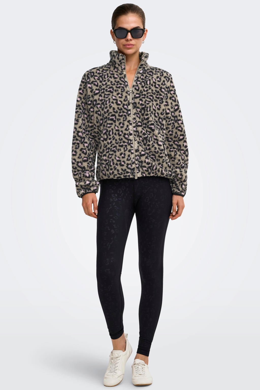 Zwart en beige dames ONLY PLAY sportsweater van polyester met dierenprint, lange mouwen en col