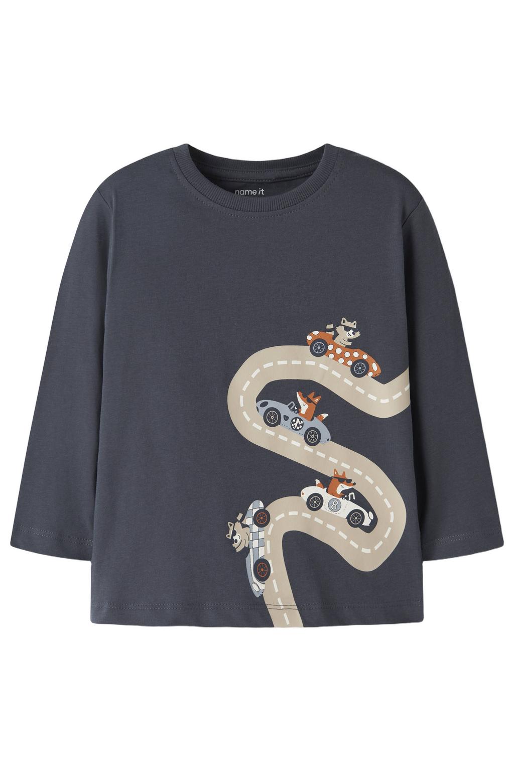 Grijsblauwe jongens NAME IT MINI rechtvallende longsleeve blauw van katoen met printopdruk, lange mouwen en ronde hals