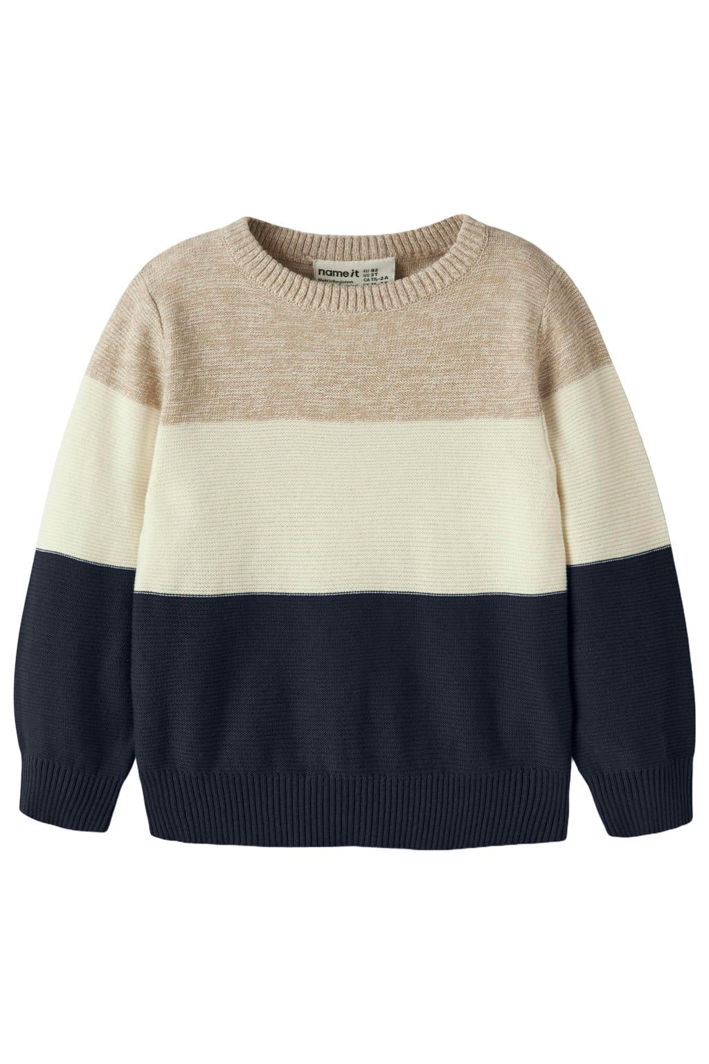 Grijs en beige jongens NAME IT MINI katoenen rechtvallende gebreide trui met meerkleurige print, lange mouwen en ronde hals